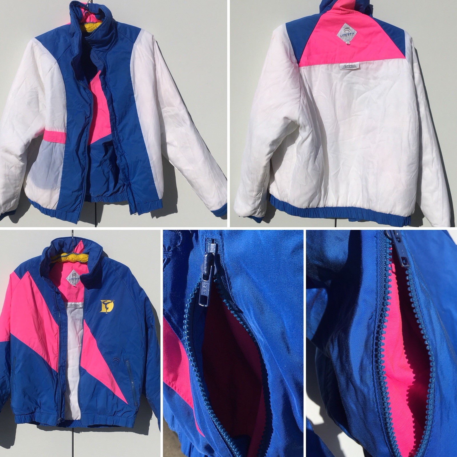 Vintage Color Block Jacket Blue Yellow Neon Pink Gymnastics Lightning Size M