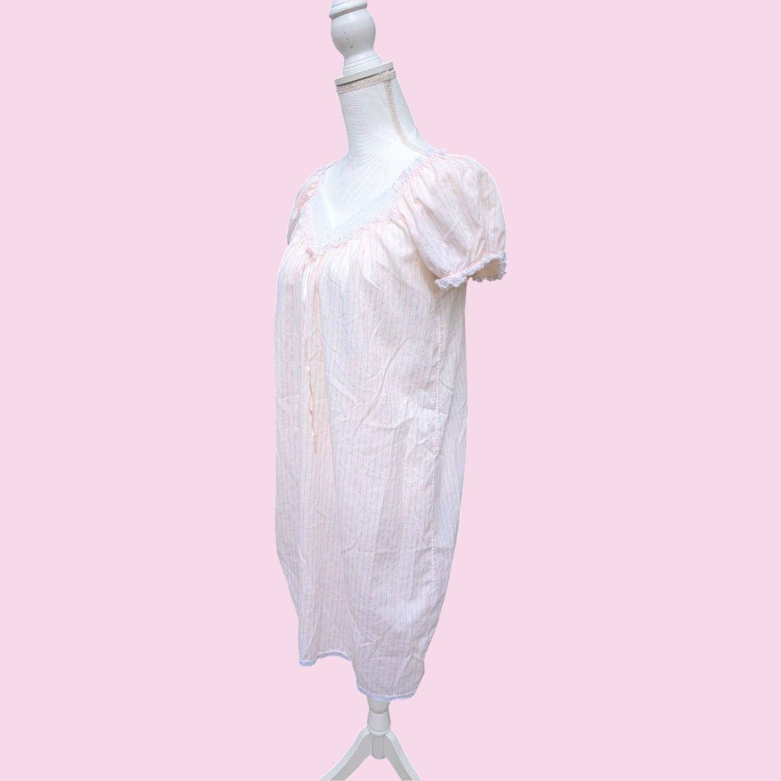 Vintage 80s Miss Elaine Nightgown Pink Stripe Lace Union Made USA Puff Sleeve S