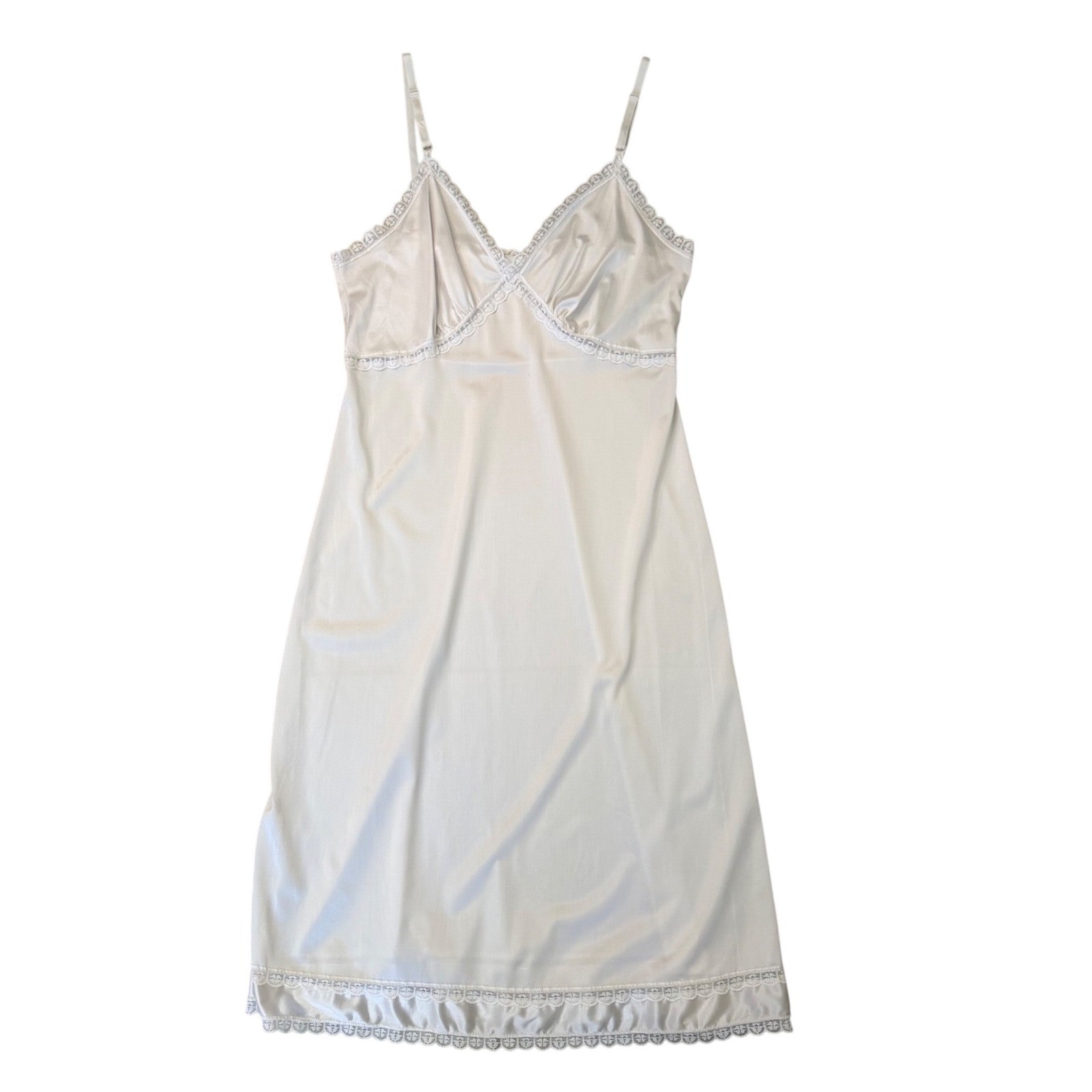 Sears Vintage White Nylon Full Slip Dress Lace Trim Adj Straps Size 34 Coquette
