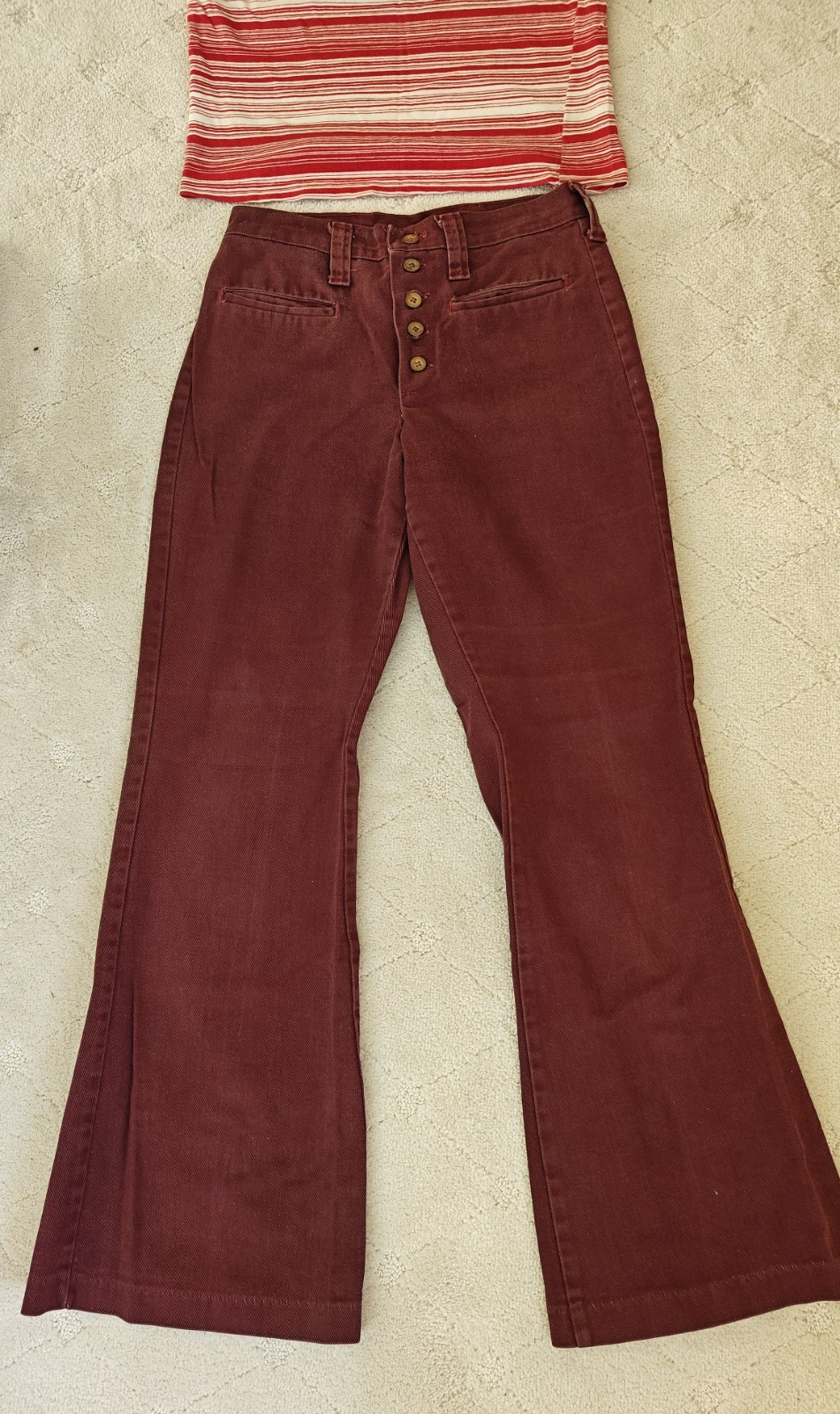 VTG 1970s Original Burgundy Five Button Fly Juniors Girls Bell Bottoms 26 X 28.5