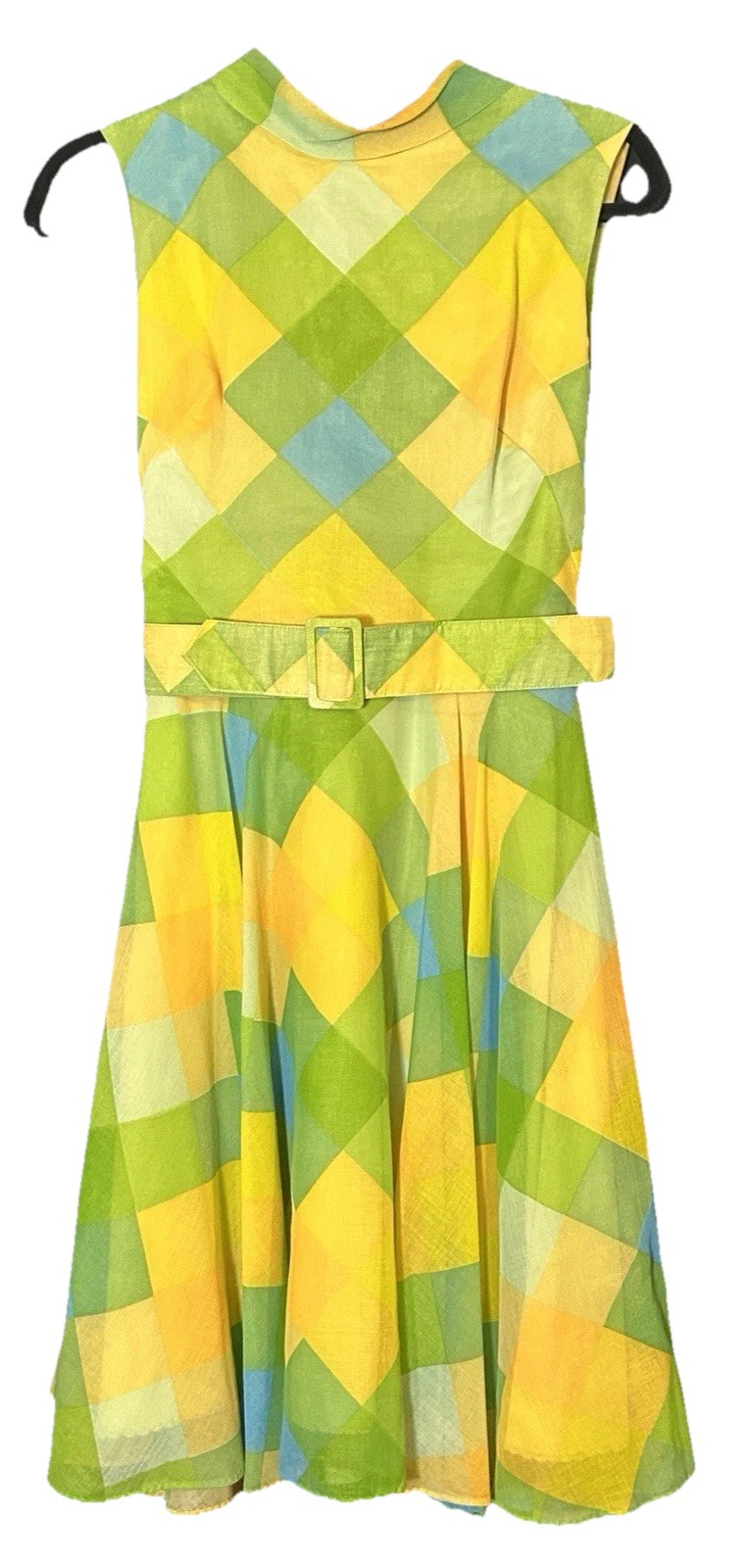 Vintage Voila A Line Yellow Green Blue Check Back Tie Accent Great Summer Dress