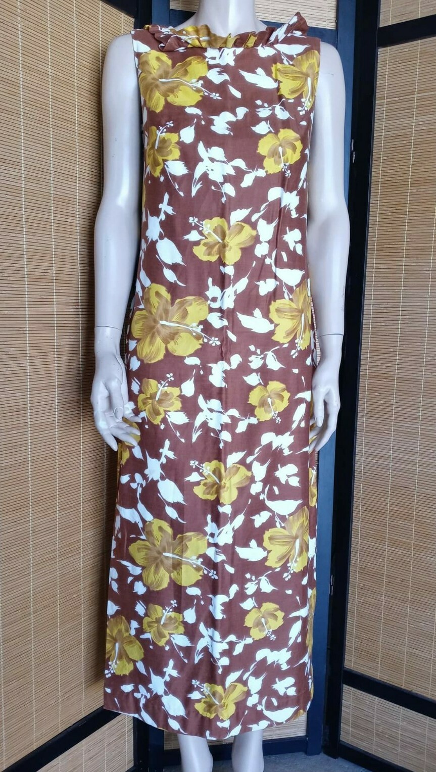 Vintage 60s Mildreds Hawaii Brown Yellow Hibiscus Tiki Oasis Dress Cotton S/M