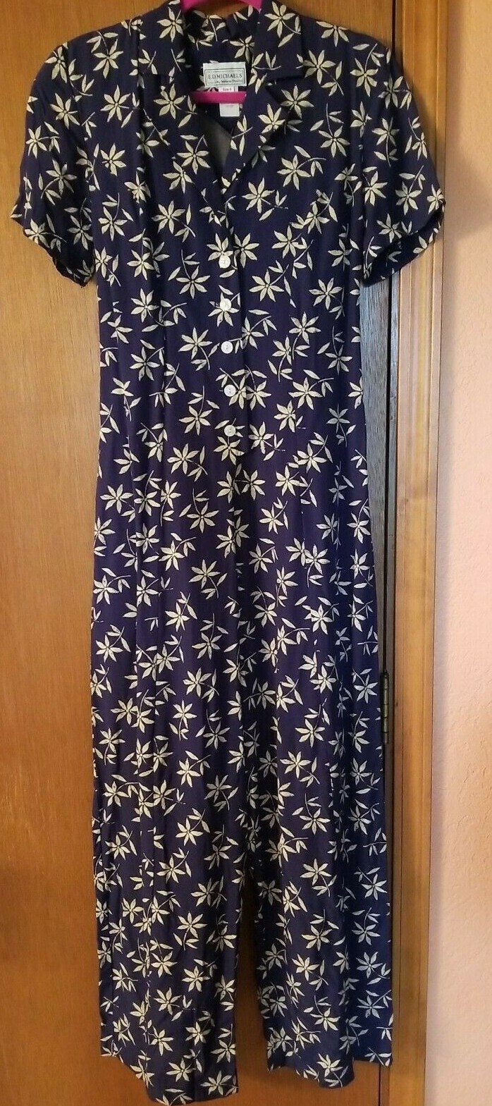 Vintage, ED Michaels Women&rsquo;s Blue Floral Wide 10- 12&Prime; Leg Jumpsuit Size 6.