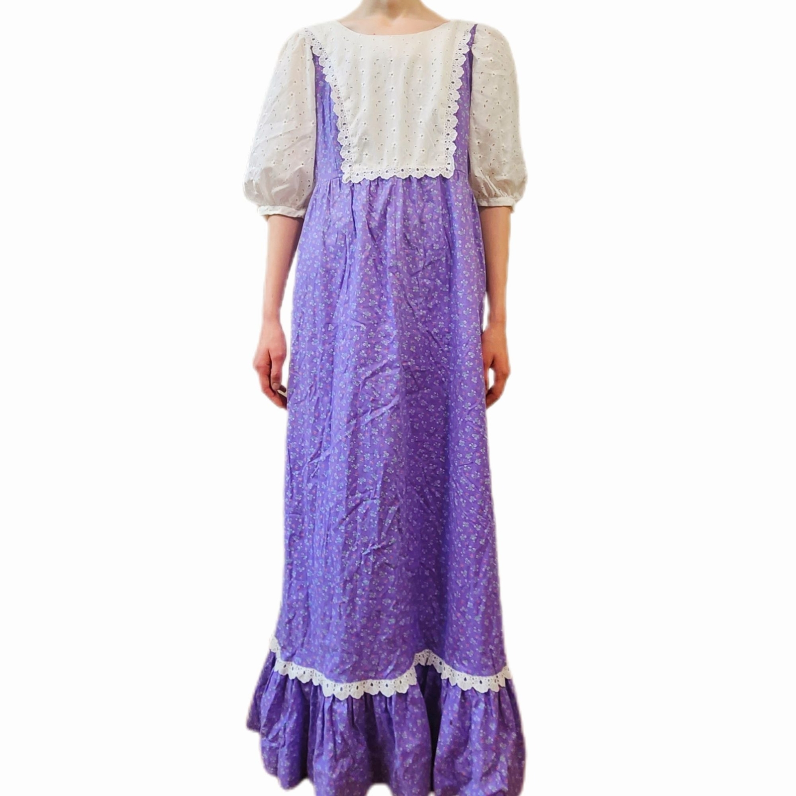 70s Vintage Womens Prairie Dress Cottage Costume Country Colonial Lace Sz Medium