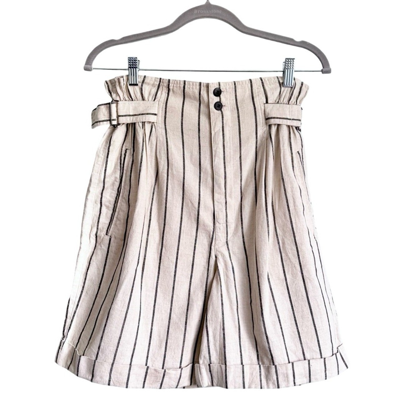 Vintage 90&rsquo;s Esprit High Waist Cream Striped Linen-Blend Paperbag Shorts Sz XS/S