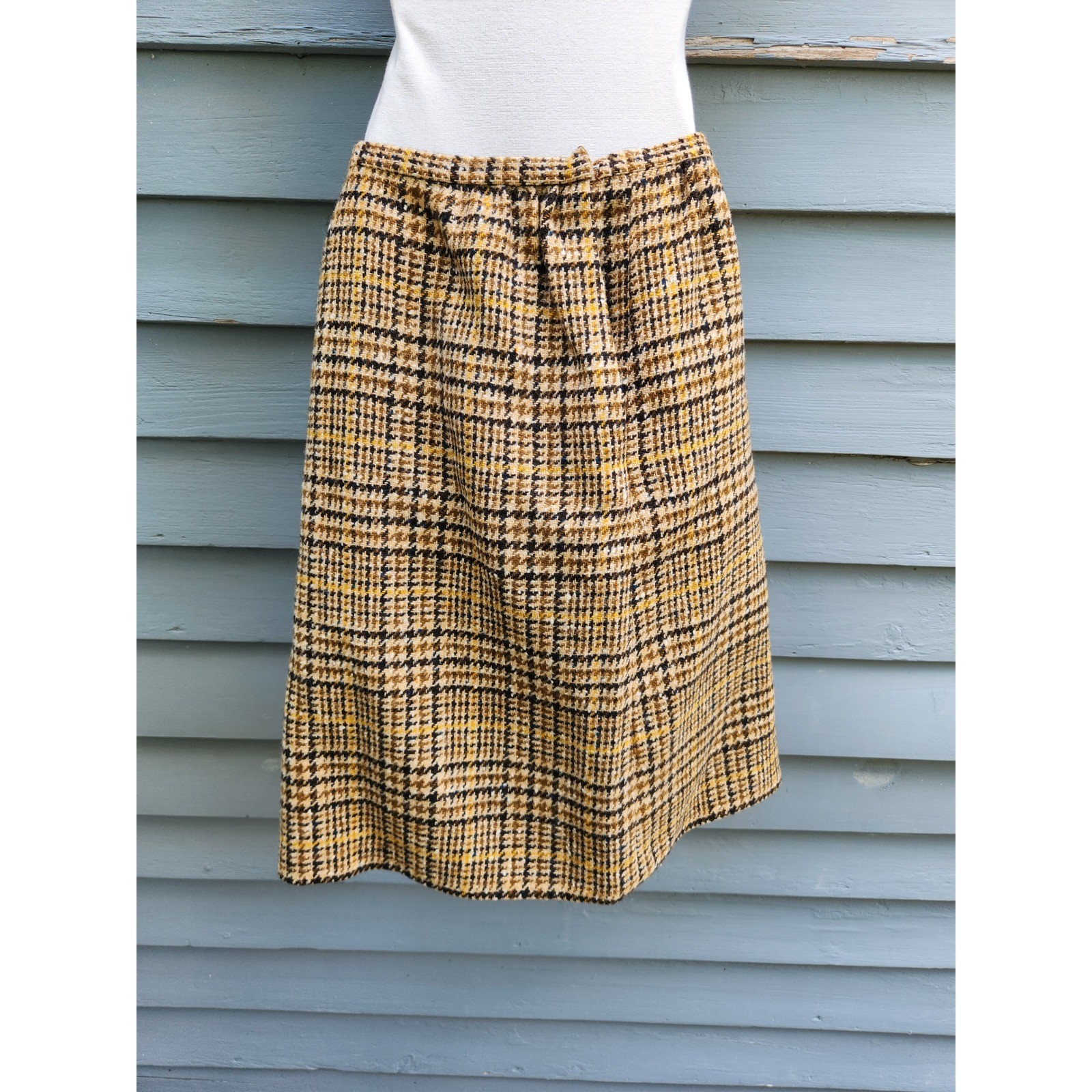 Pendleton Skirt Suit Tan Brown Yellow Houndstooth Plaid Virgin Wool Vintage 10