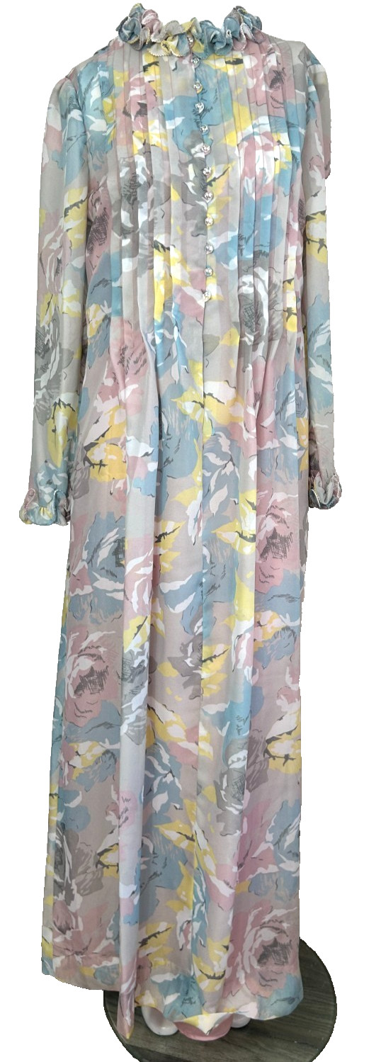 70s Floral Chiffon Hostess Dress Size Large Maxi ButtonUp Pleat Ruffle HighNeck