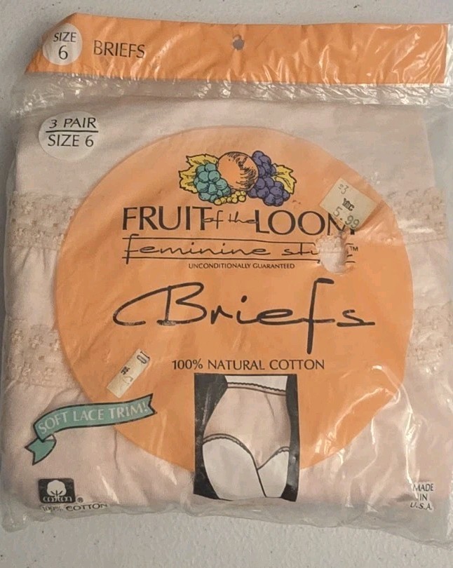 Vtg 1990 New 3 Pair FRUIT OF THE LOOM Cotton Feminine Style Briefs Panties Sz. 6