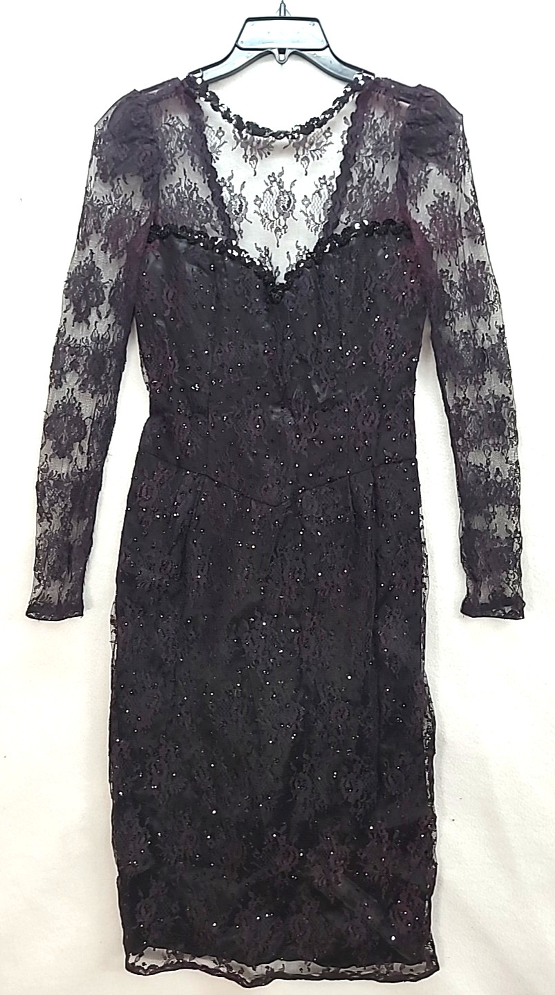 Gunne Sax dress Goth Princess Black Lace Sequins Tattoo Show Off Open Back Sz 9