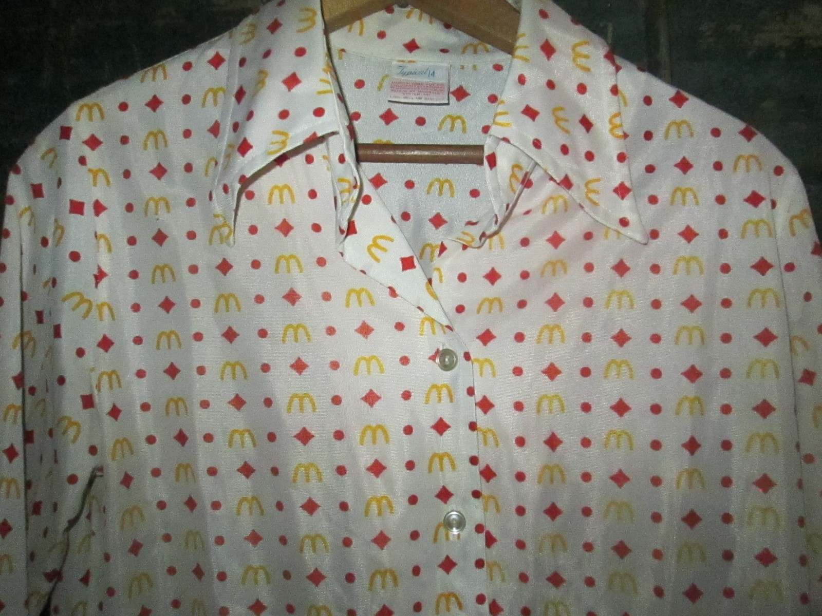 Ladies 14 M/L Vtg 1970s 1976 McDonald&rsquo;s AOP Print all over employee disco shirt