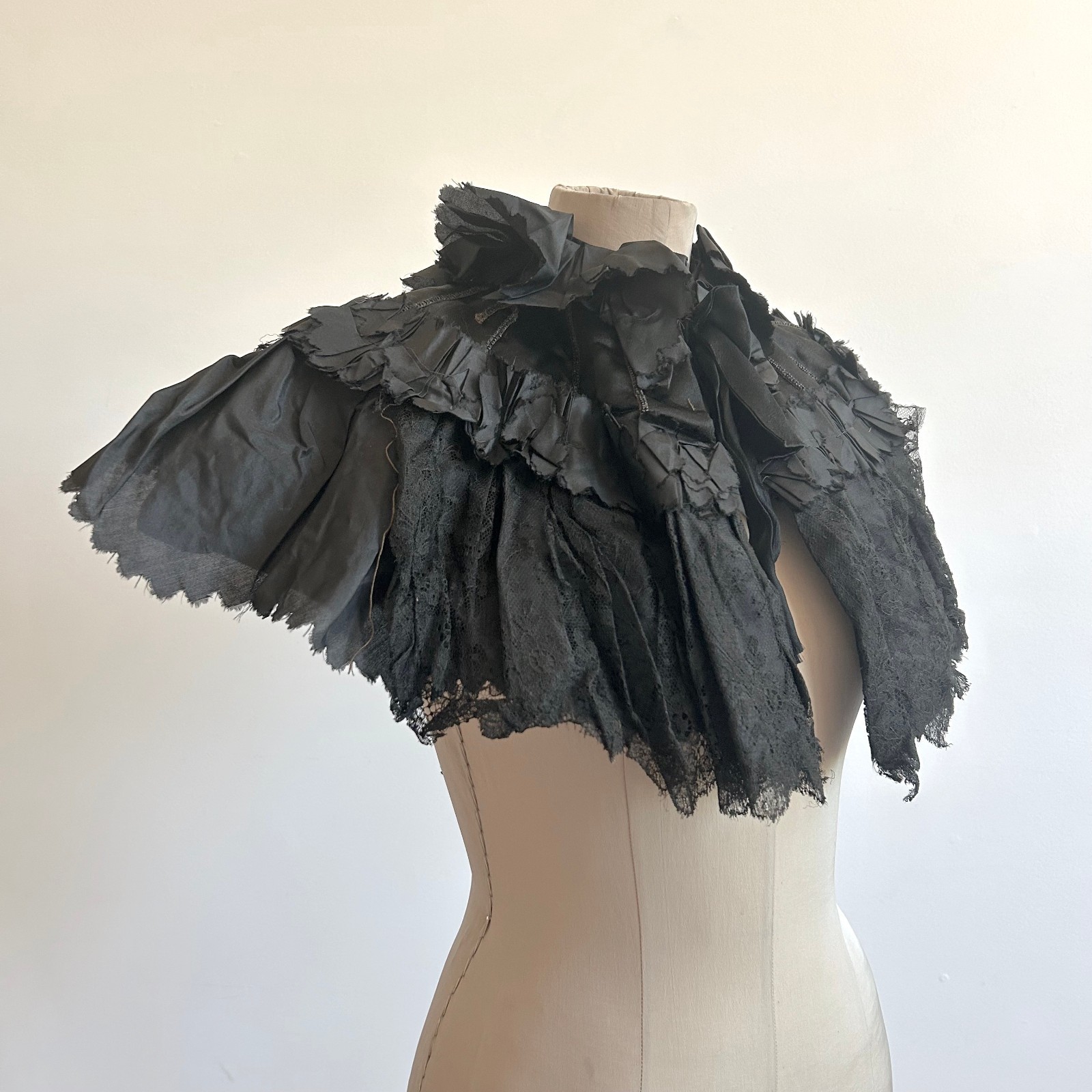 Antique Edwardian Victorian Black Mourning Capelet Silk Lace 1800s 1900s