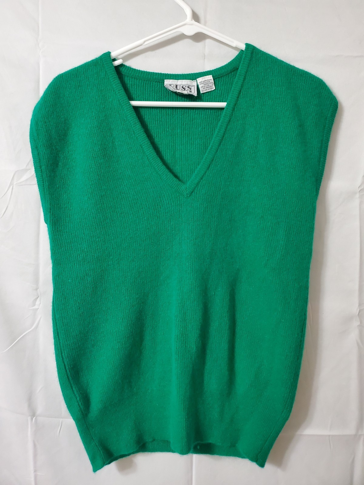 Russ Petites Vintage Lambswool Rabbit Vest Women&rsquo;s Medium Green V Neck Pullover