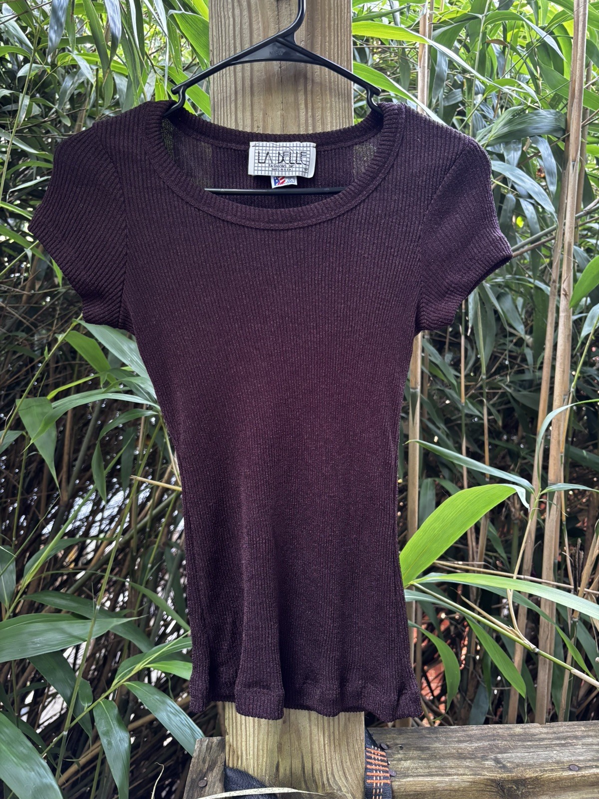 Vintage 70s Women&rsquo;s Top Brown XS Polyester Stretch Disco Short Sleeve Scoop Neck