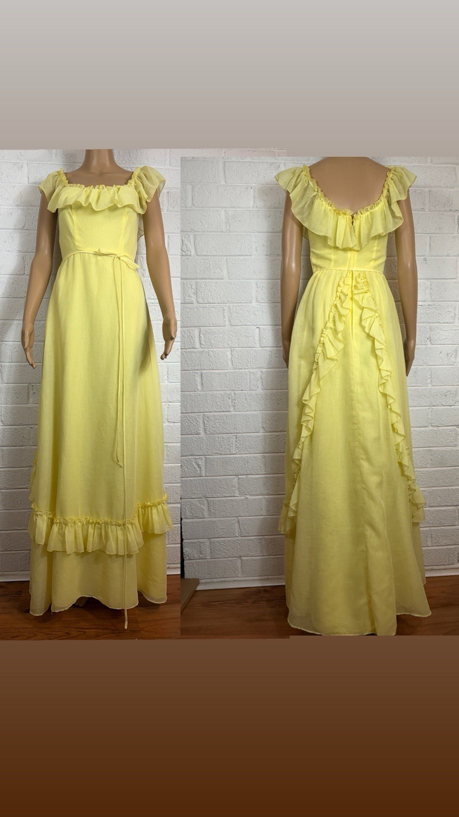 Vintage 1960s HOUSE OF BIANCHI Yellow Ruffle Cottage Maxi Dress – Size XS/S