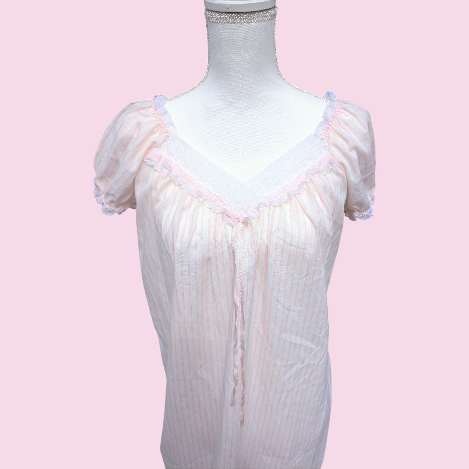Vintage 80s Miss Elaine Nightgown Pink Stripe Lace Union Made USA Puff Sleeve S