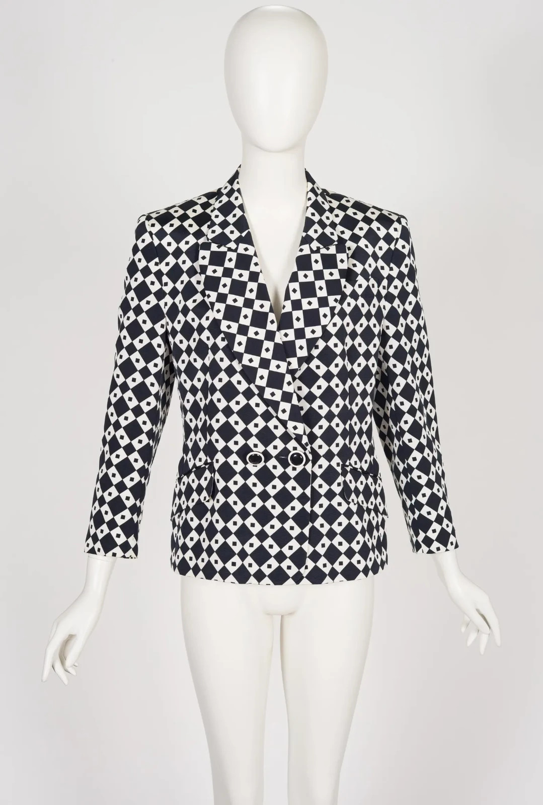 Antonette 1980s Black White Geometric Op-Art Print Faille Vintage Blazer Jacket
