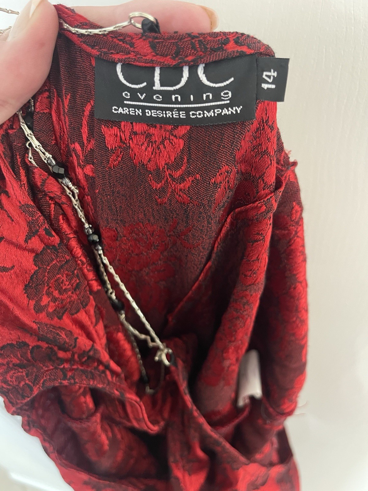 Vintage CDC Ruby Red Floral Jacquard Evening Column Gown Unique Chain Back