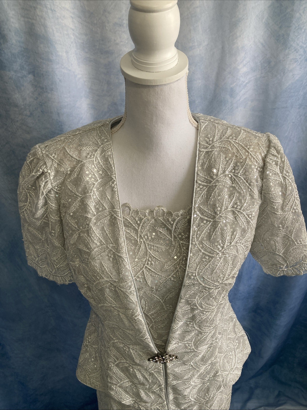 VTG 80s ASPEED USA Silver Lace Dress Jacket Set 2pc Formal Gown Prom Wedding Med