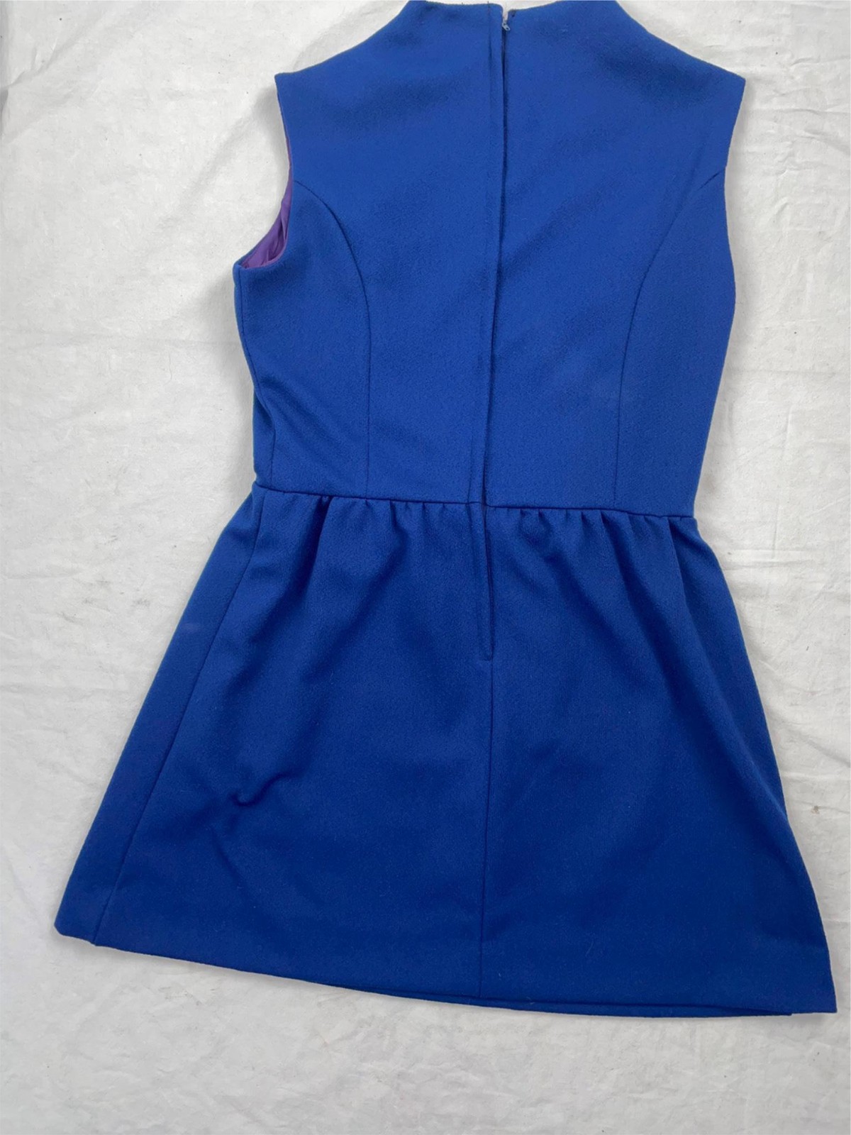 VTG 60S 70S WOMENS BLUE POLYESTER ACCENTED CINCHED BUCKLE DISCO GOGO RETRO DRESS