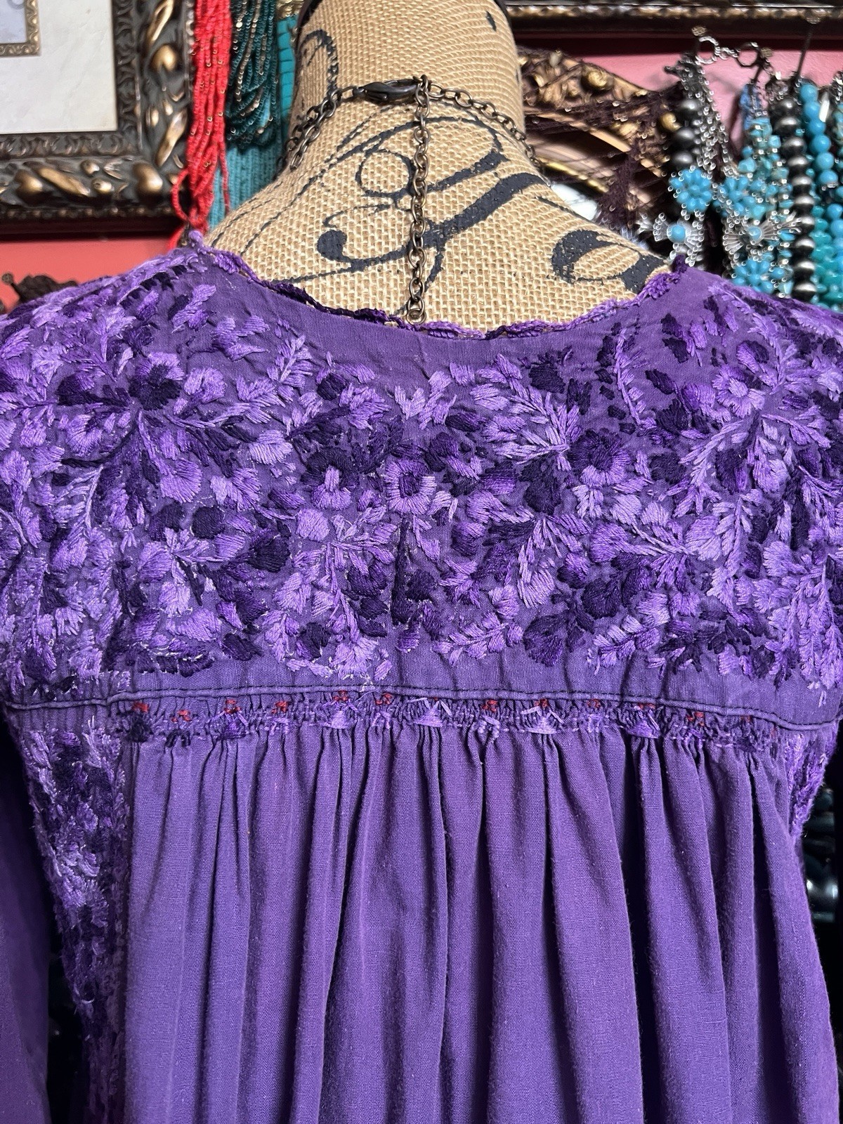 Gorgeous 1970s Oaxaca Mexico Purple Long Sleeve Dress Multi Embroidery M