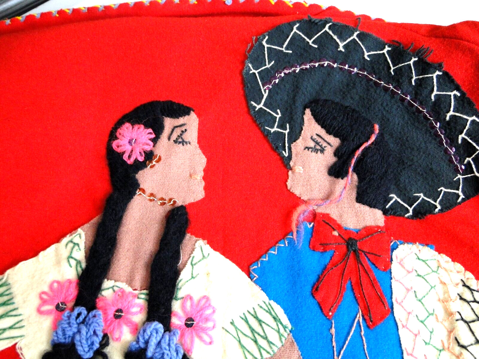 Vintage 40s jacket Wool Medium LOPEZ MEXICO Embellished FELT Couple On Back Red