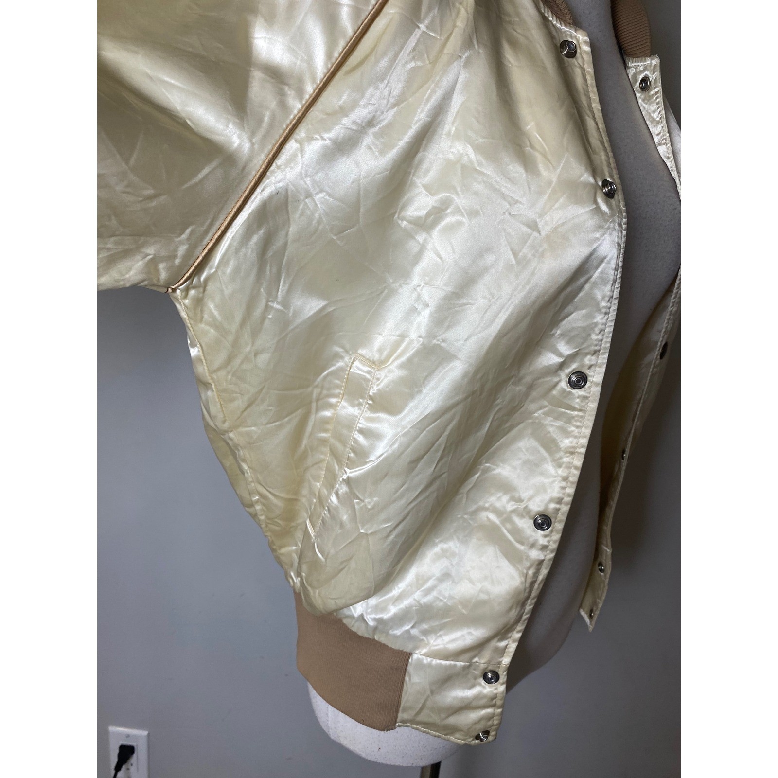 Vintage Satin Bomber Jacket Cream Jonis Corvette Chainstitch Varsity Snap Front