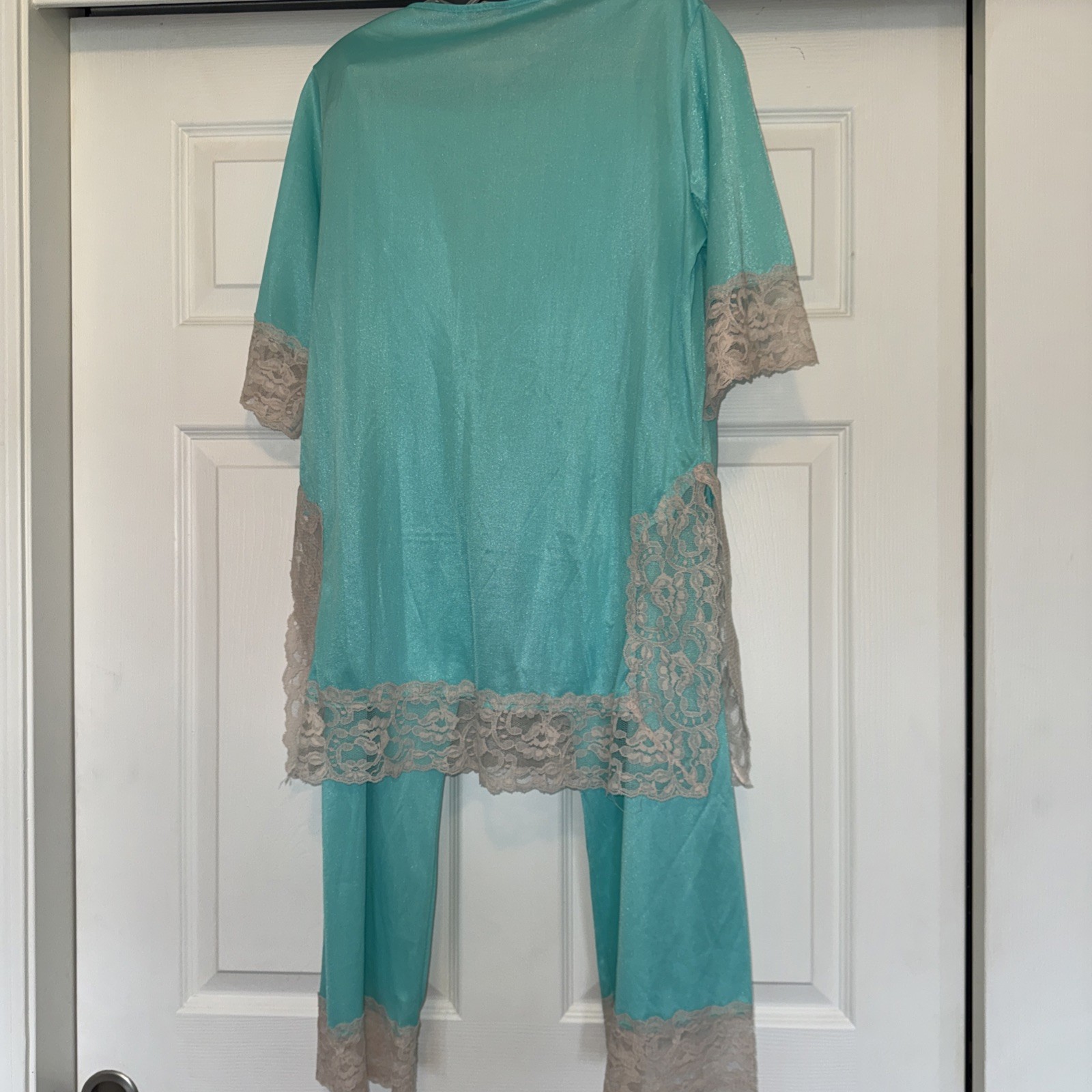 ERICA LOREN Vtg 1970s NYLON Pajama Set AQUA Blue Lace Trim SMALL Boho