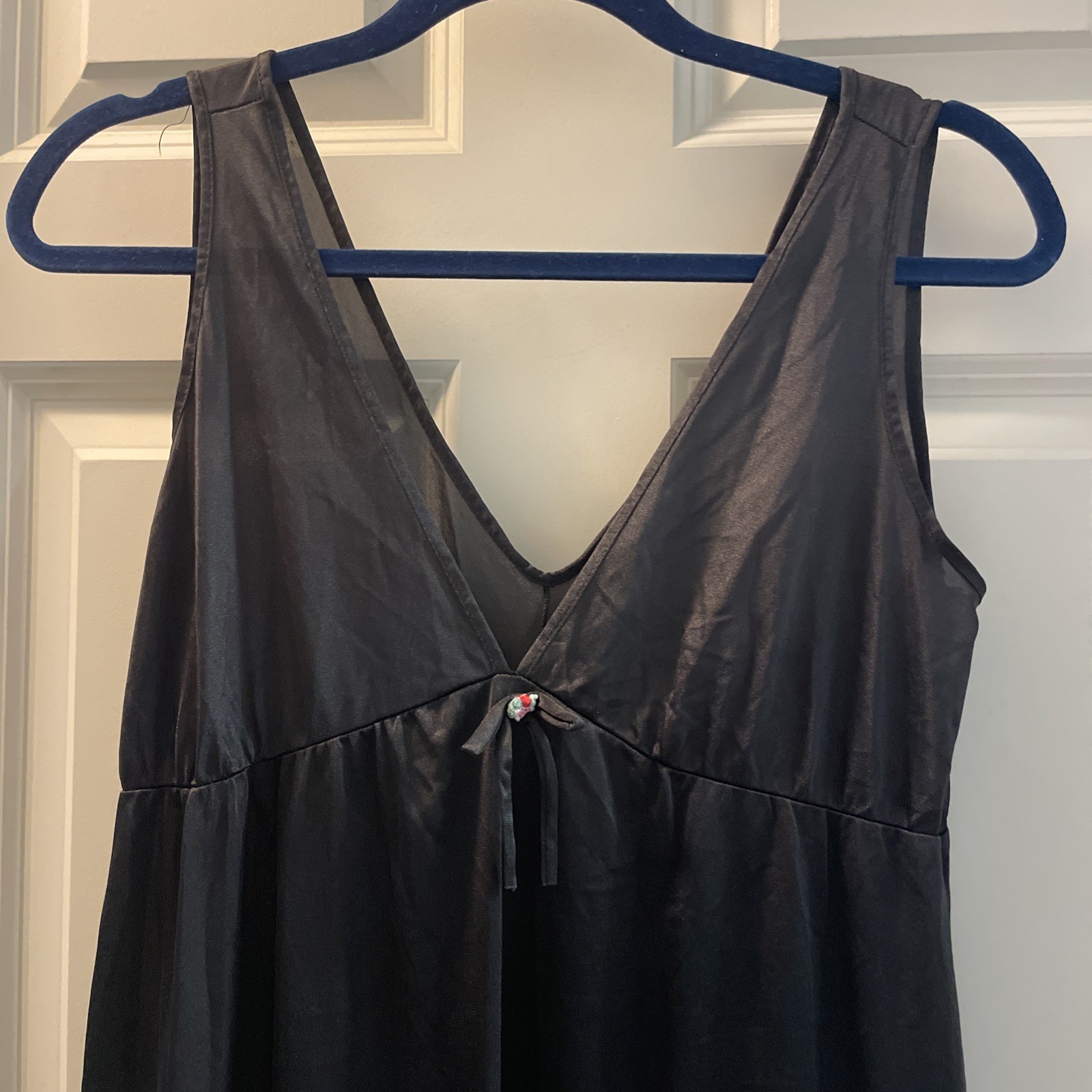 VTG 80’s Black Satin Nylon Maxi V Neck Nightgown Ruffle Side Slits USA Made S