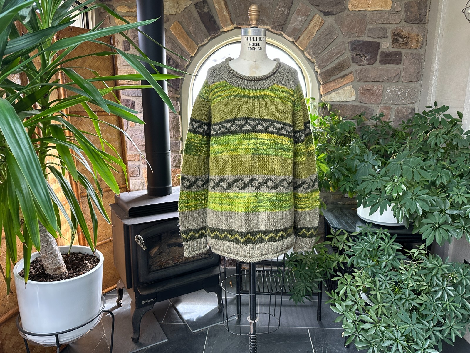 Vintage Gender Neutral Heavy Wool Sweater Rolled Collar Shades of Green
