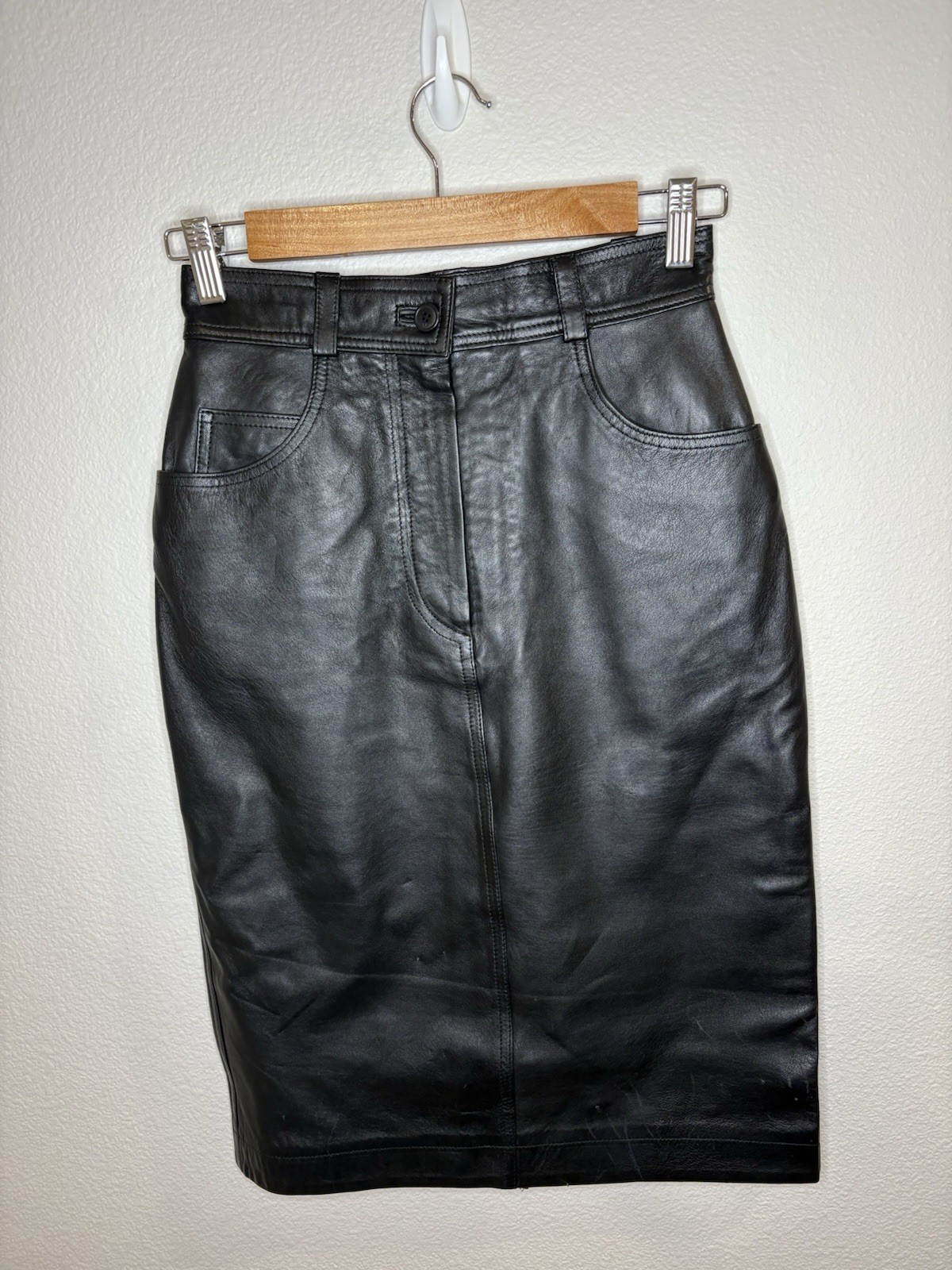 Vintage MONDI Black Leather Pencil Skirt 5 Pocket US 0 2 XS W25
