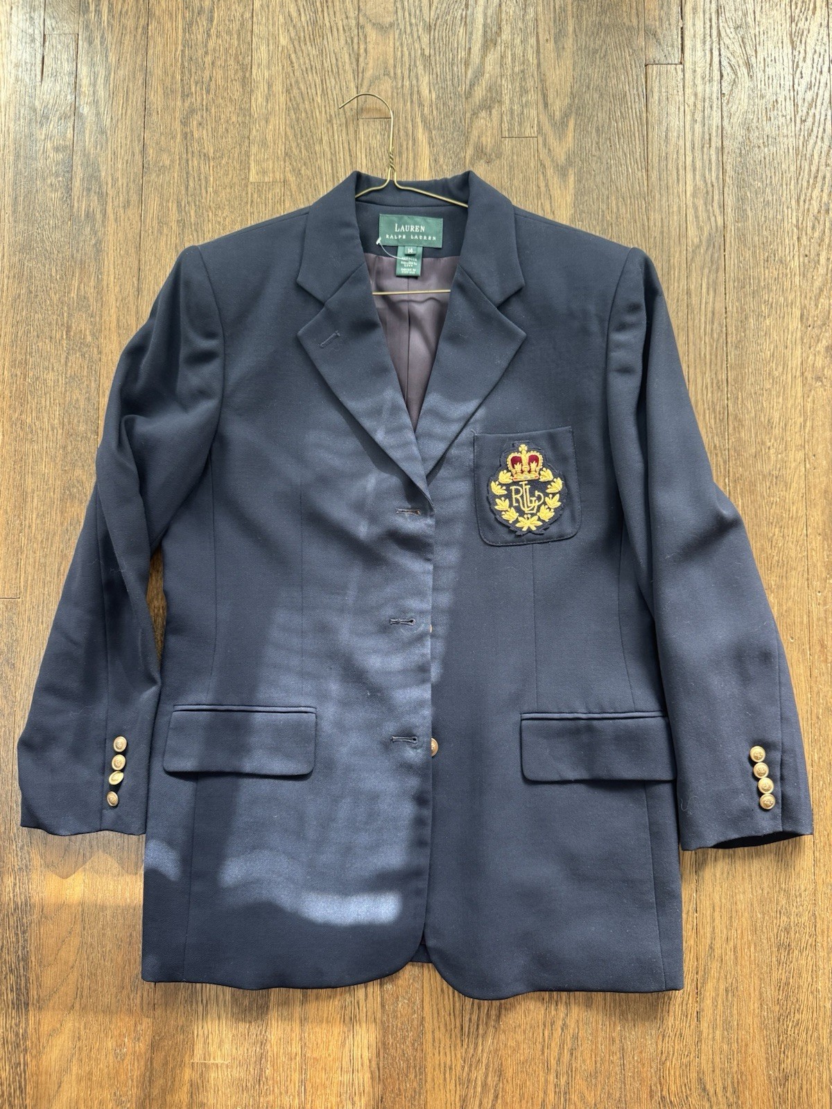 Lauren Ralph Lauren Crest Blazer Jacket 14 Navy Blue Wool Vintage Made In USA