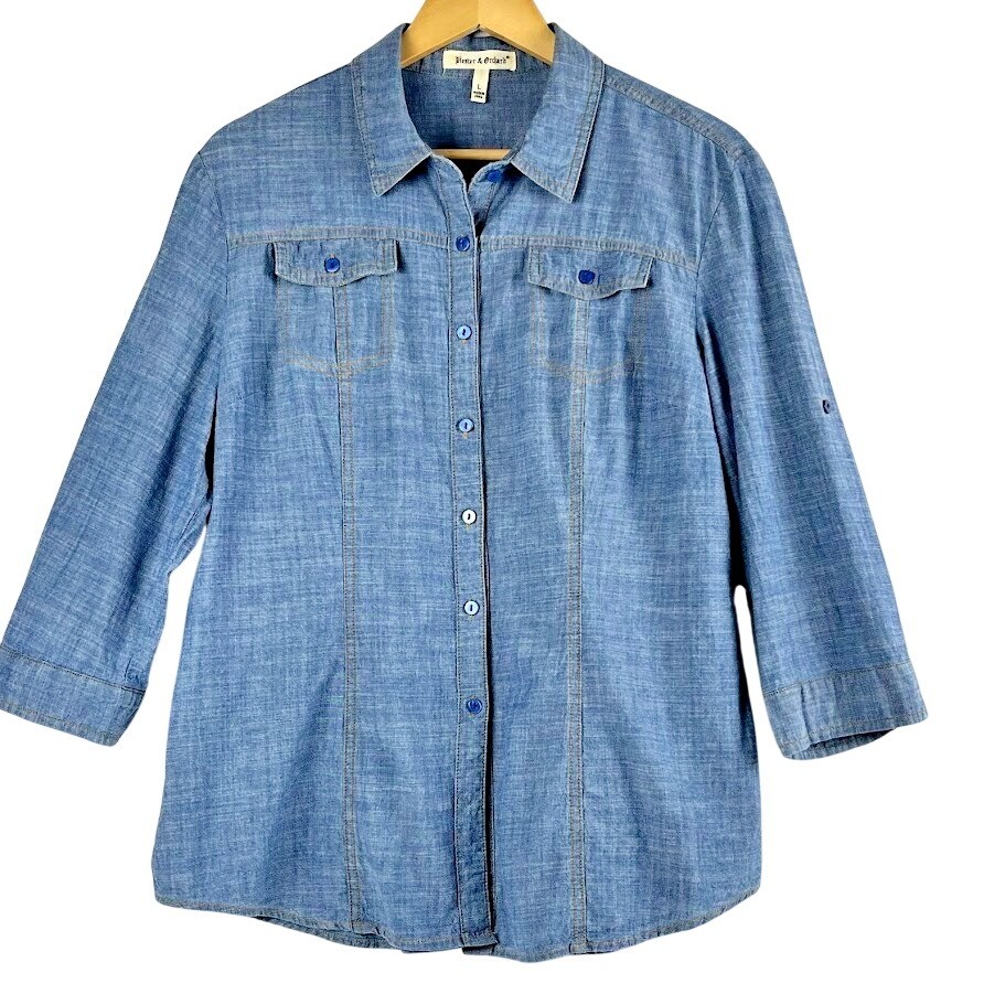 Hester & Orchard Chambray Denim 3/4 Sleeve Button Up Blue Jean Shirt Women&rsquo;s L