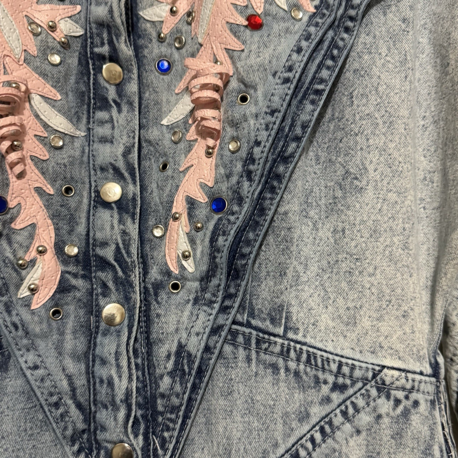 Vintage 80s Amdiano Italia Denim Acid Wash Jumpsuit size Medium pink leather gem