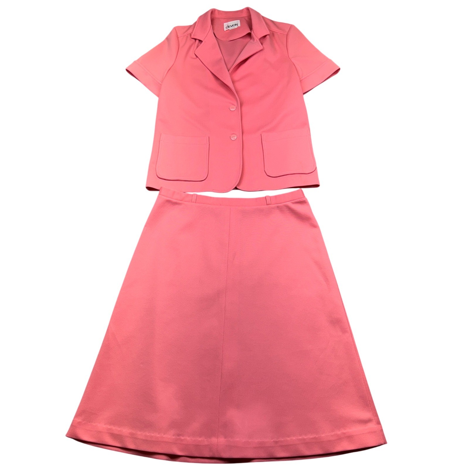 Vintage Devon Pink Skirt Suit Set Short Sleeve Blazer Secretary Mod Style
