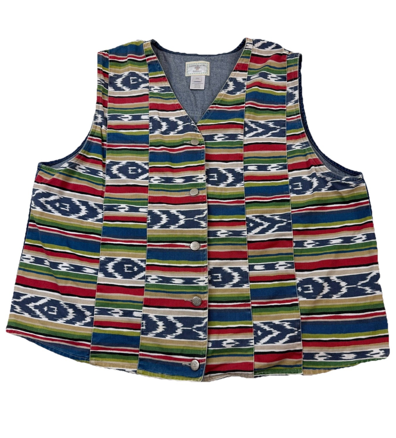 Vtg Susan Bristol Denim Vest Womens Plus Sz 2XL Southwestern Aztec Cowgirl Rodeo