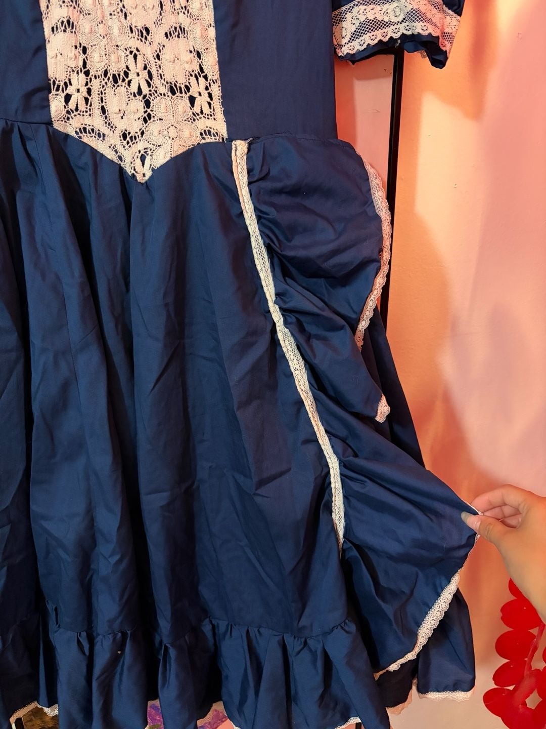Vintage 1970s/80s Prairie Style Dress in Navy Blue with Cream Lace Overlay