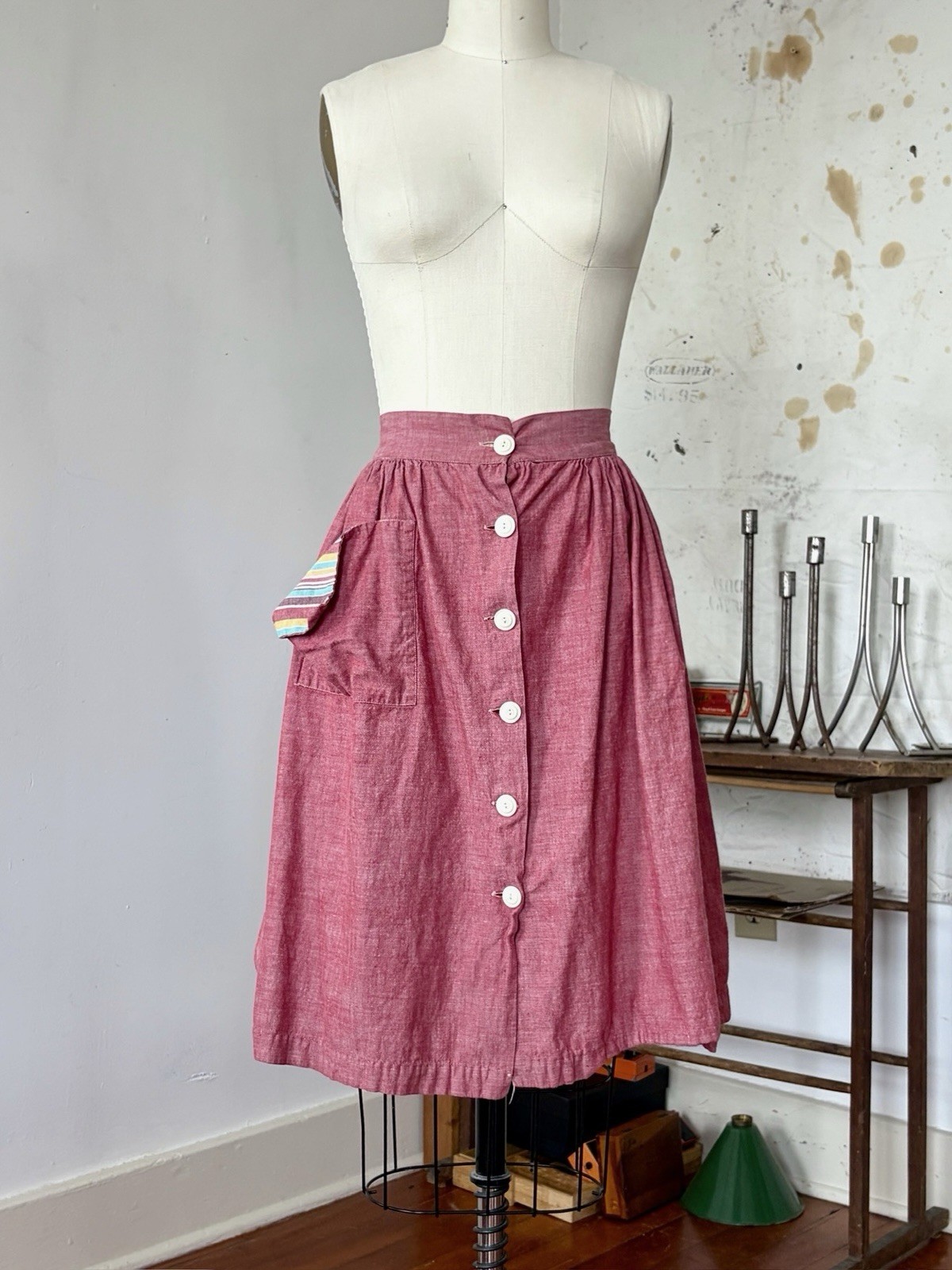 30s 40s Chambray Rayon Cotton Button Front Skirt Feedsack Pocket Workwear 24/25”