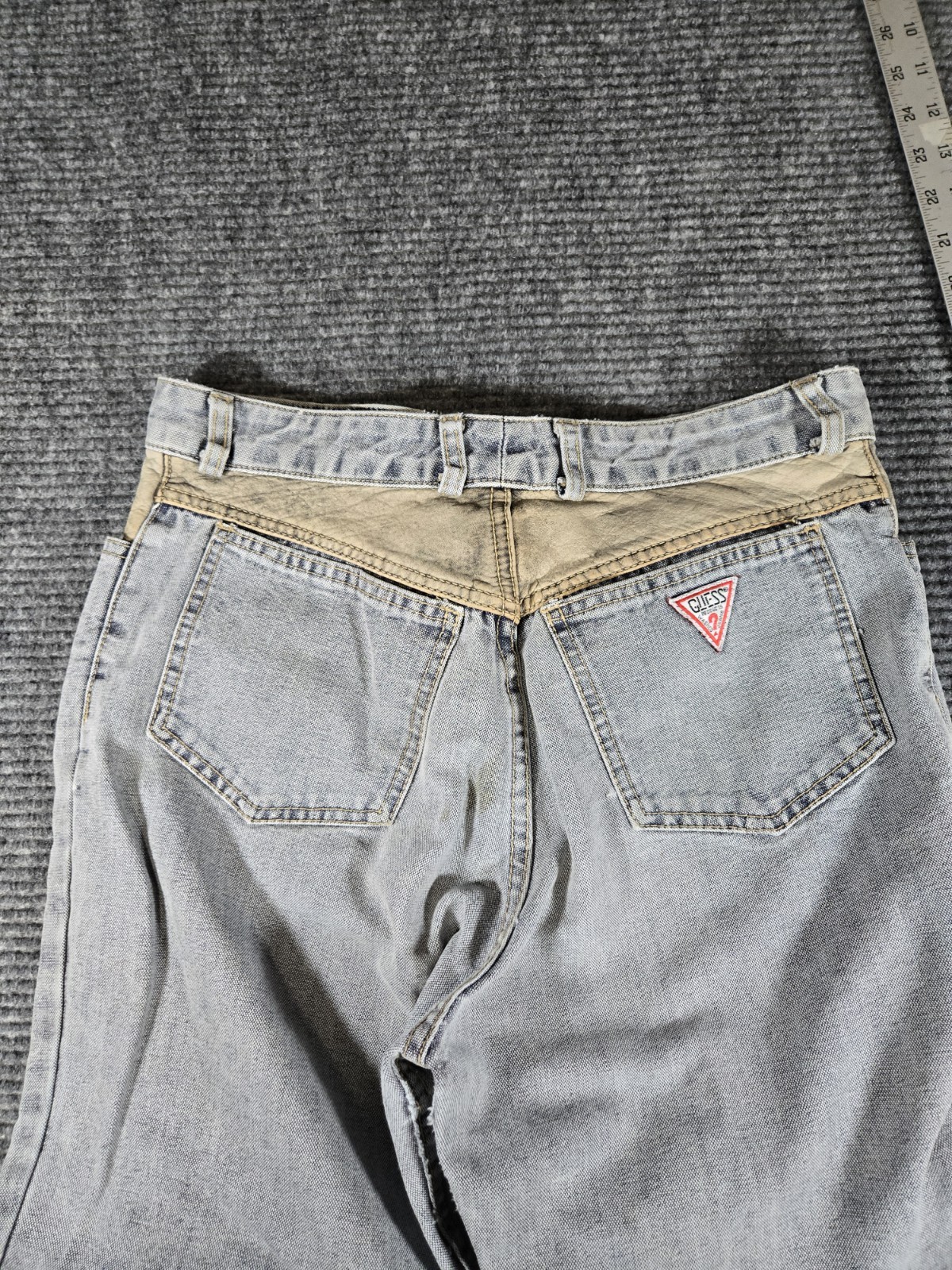 VTG Guess Mom Jeans High Waist Denim Leather USA Georges Marciano Distressed 32