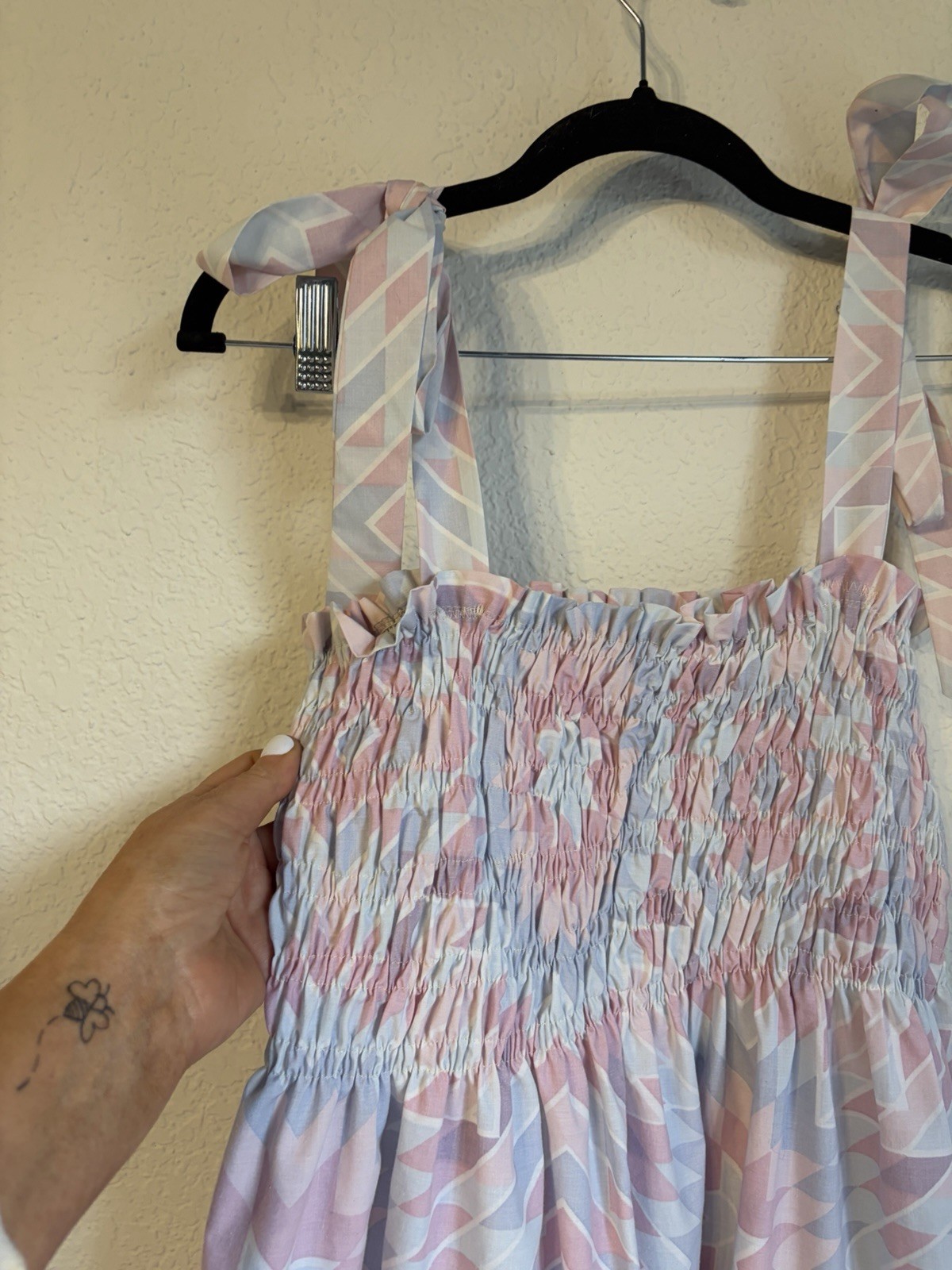Handmade Vintage Upcycled Patchwork Print Cotton Blend Tie Smocked Dress L/XXL