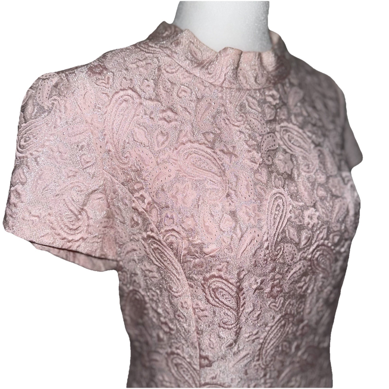 Vtg Party Dress 60s Paisley Pink & Silver Brocade Mod Cocktail Harmay S 6 36