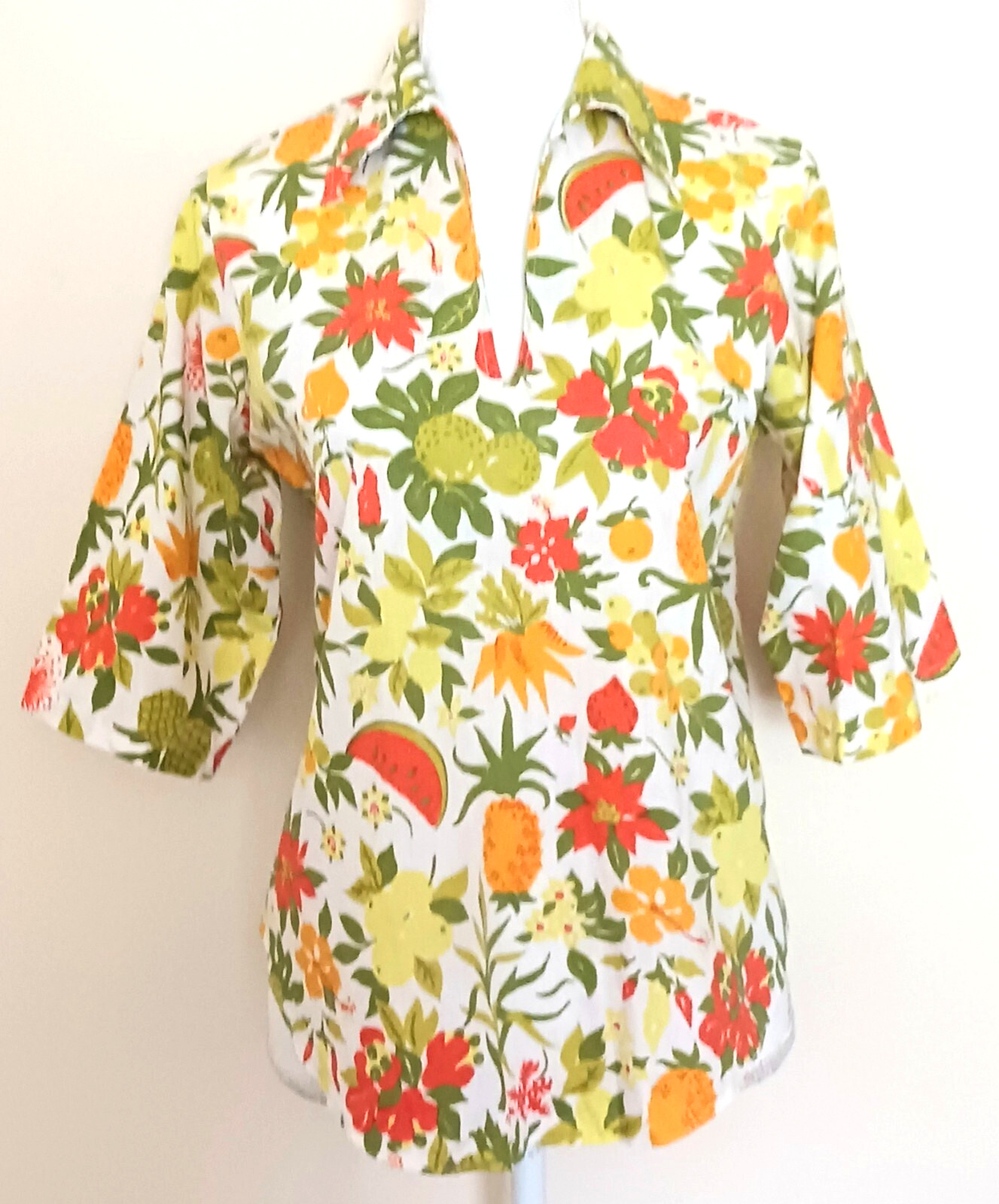 VTG Ruth Clarage Blouse Handprinted Original Fabric Jamaica Tropical Fruit Sz S