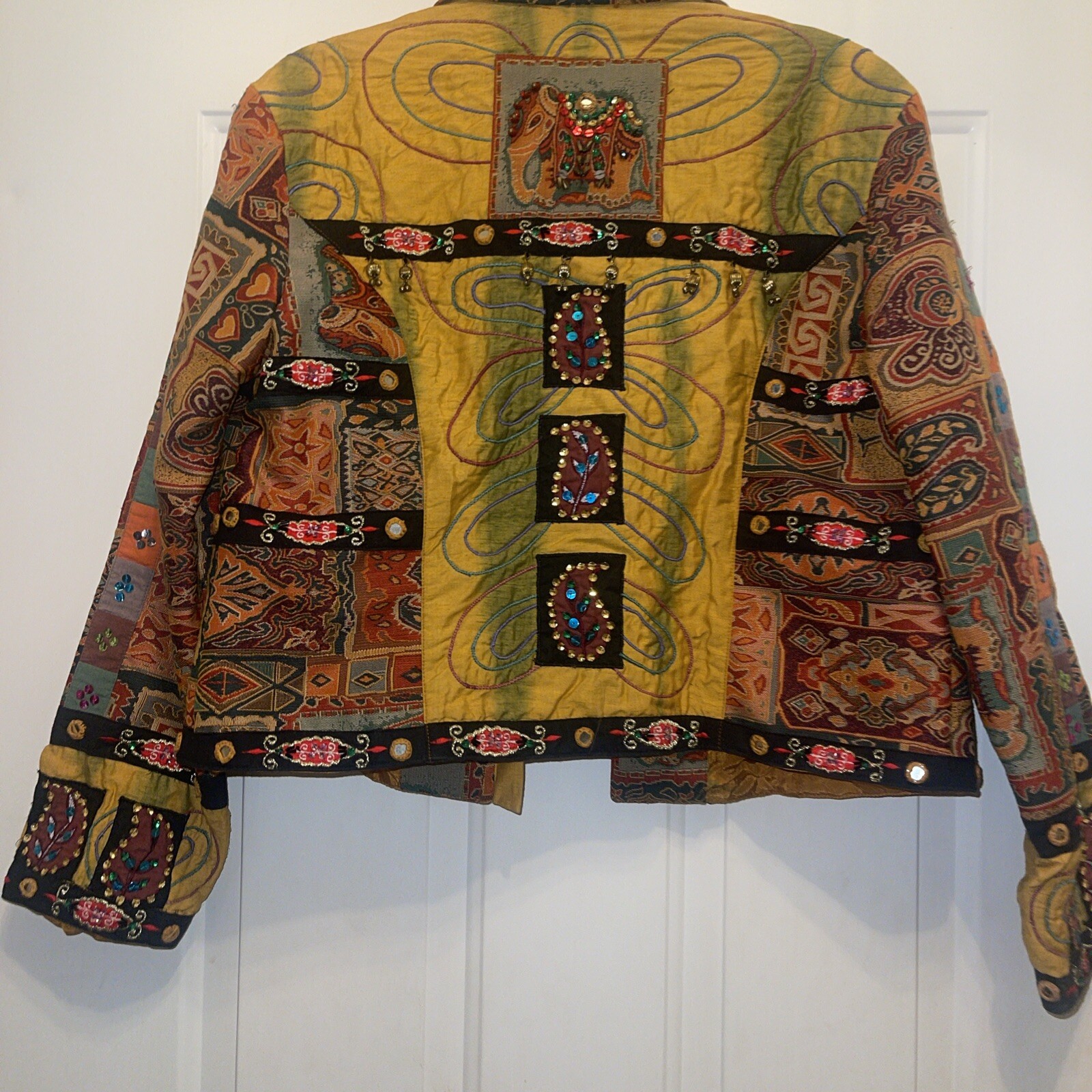 Anage Art To Wear Silk Applique Jacket L Sequined Paisley Boho Festival Vtg
