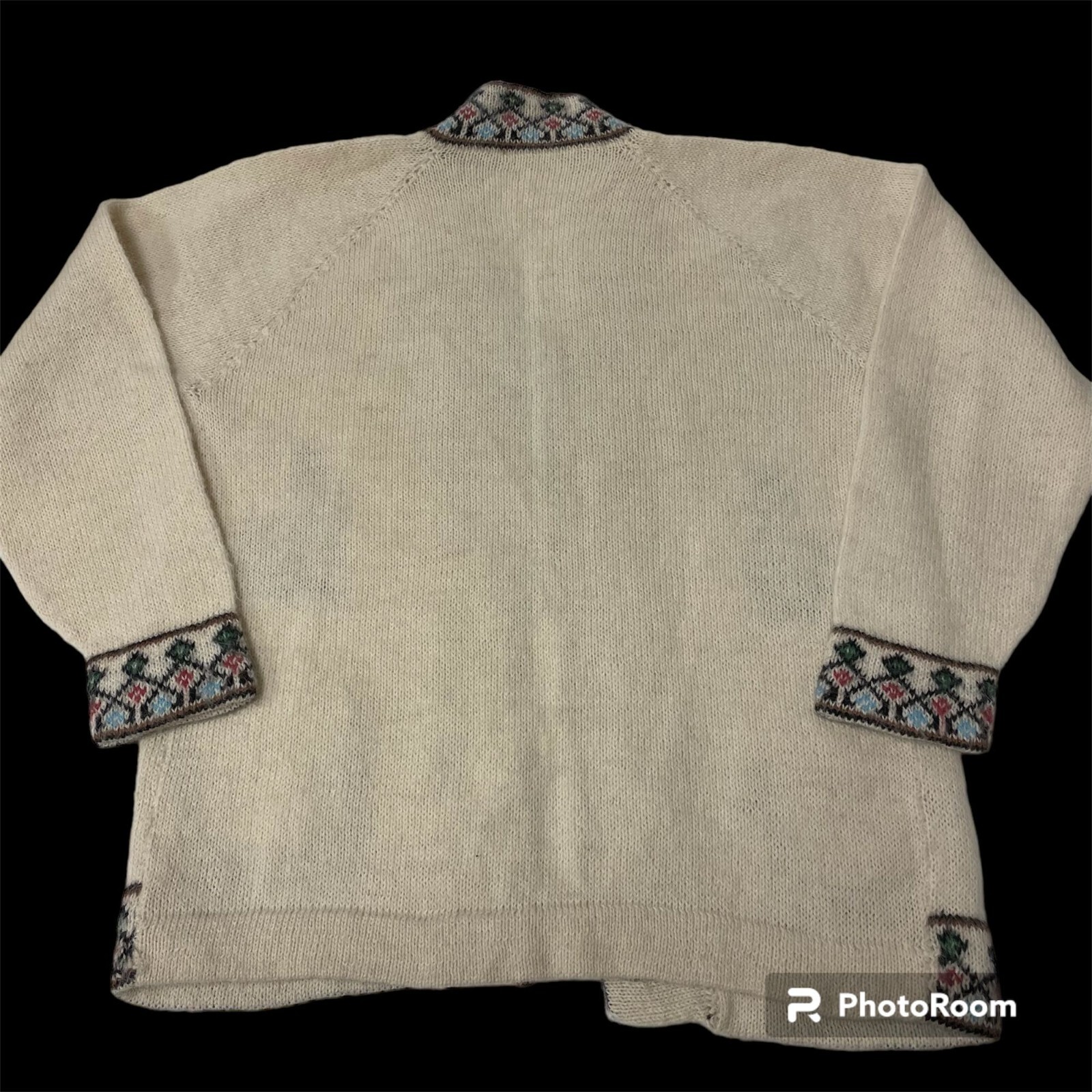 Vtg Cream LLAMA Aztec Cardigan MULTICOLOR Tribal Trim ALPACA MOHAIR Knit Sweater