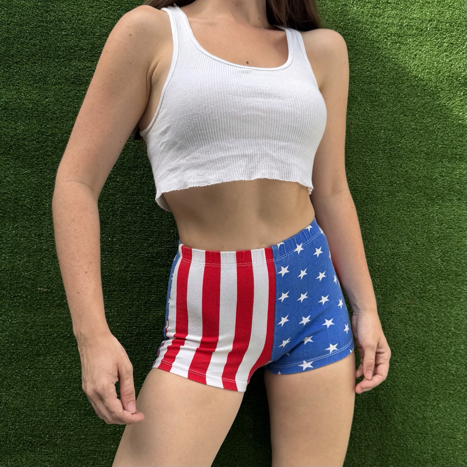 Vintage 90s Fredrick&rsquo;s Of Hollywood USA Flag hot pants booty shorts sz S Stretch