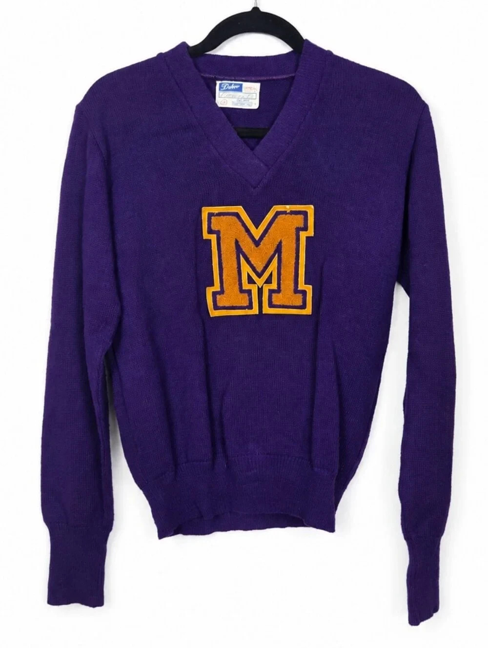 Vintage 70s Dehen USA Letterman Sweater M Purple Chenille Preppy Varsity Cheer