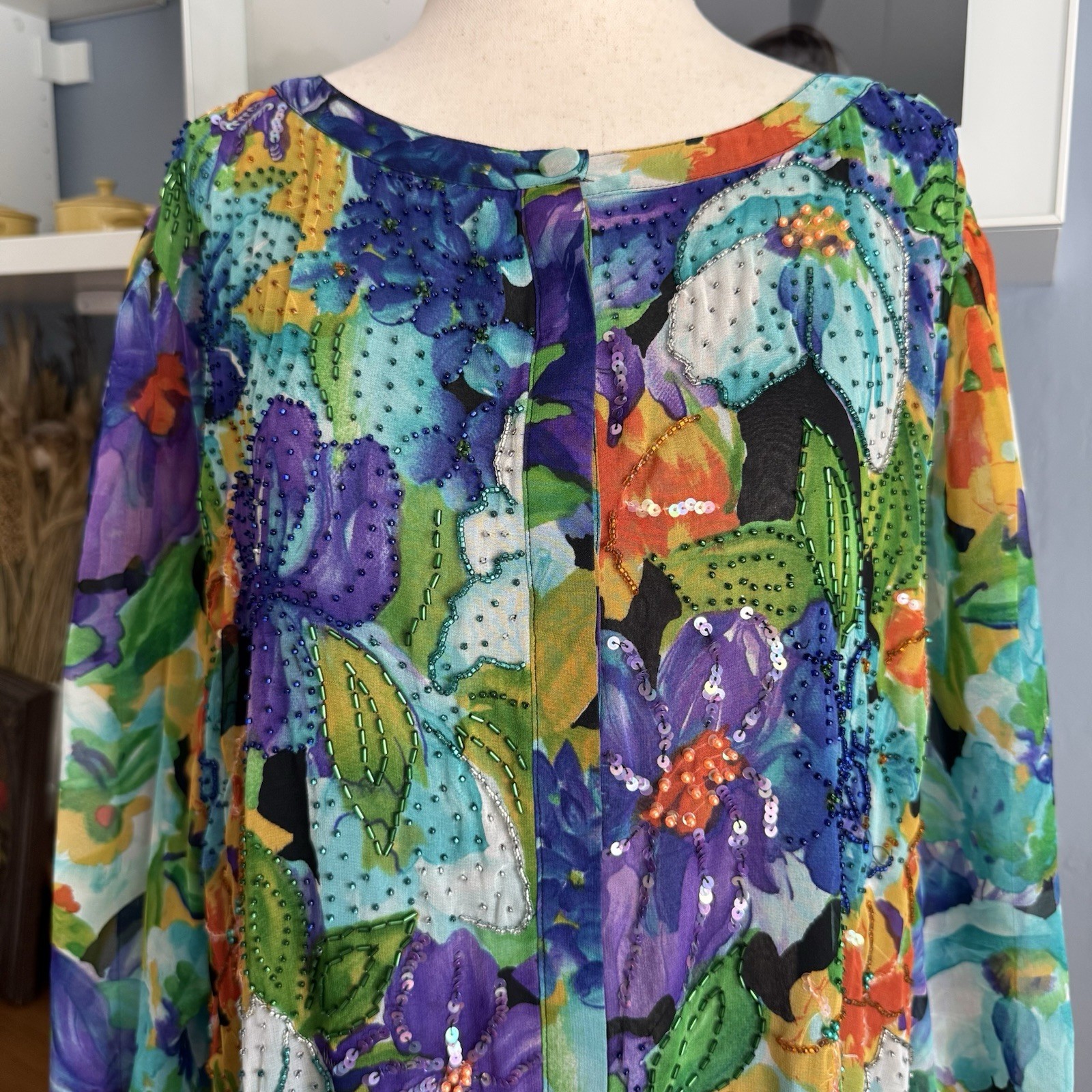 VTG Diane Freis Blouse Shirt Size Silk Bead Sequin Retro Glam Festive Luxury M/L