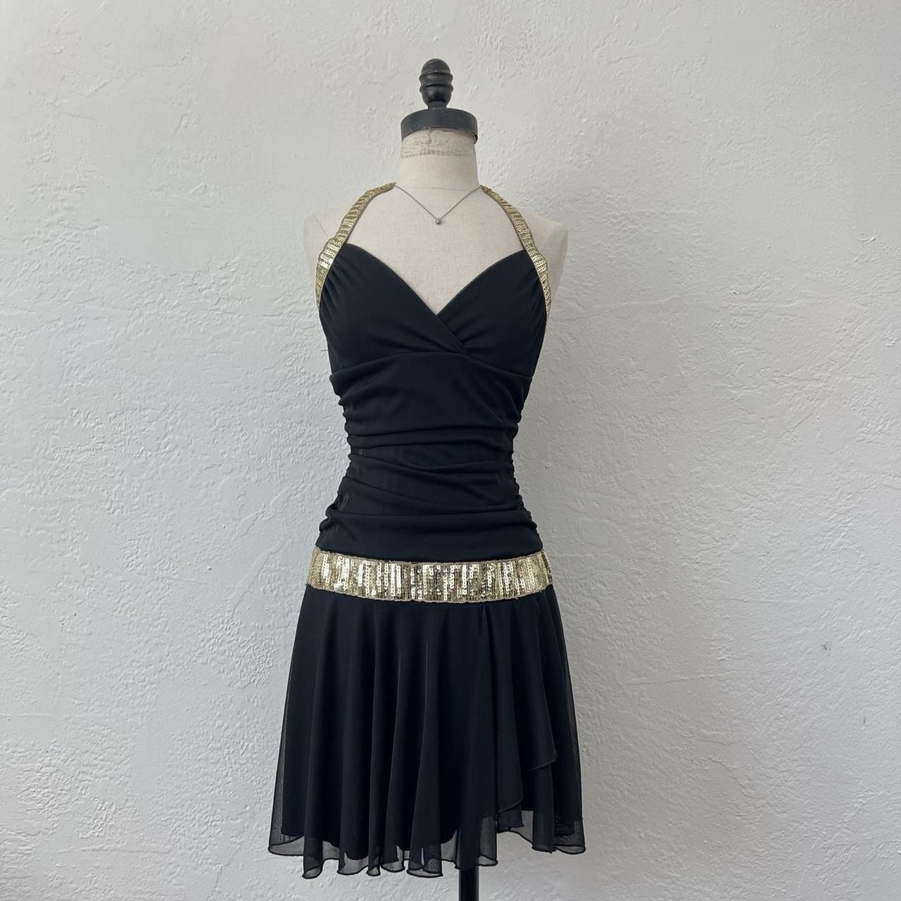 Vintage 2000’s Ruby Rox black and gold sequin halter mini dress Sm