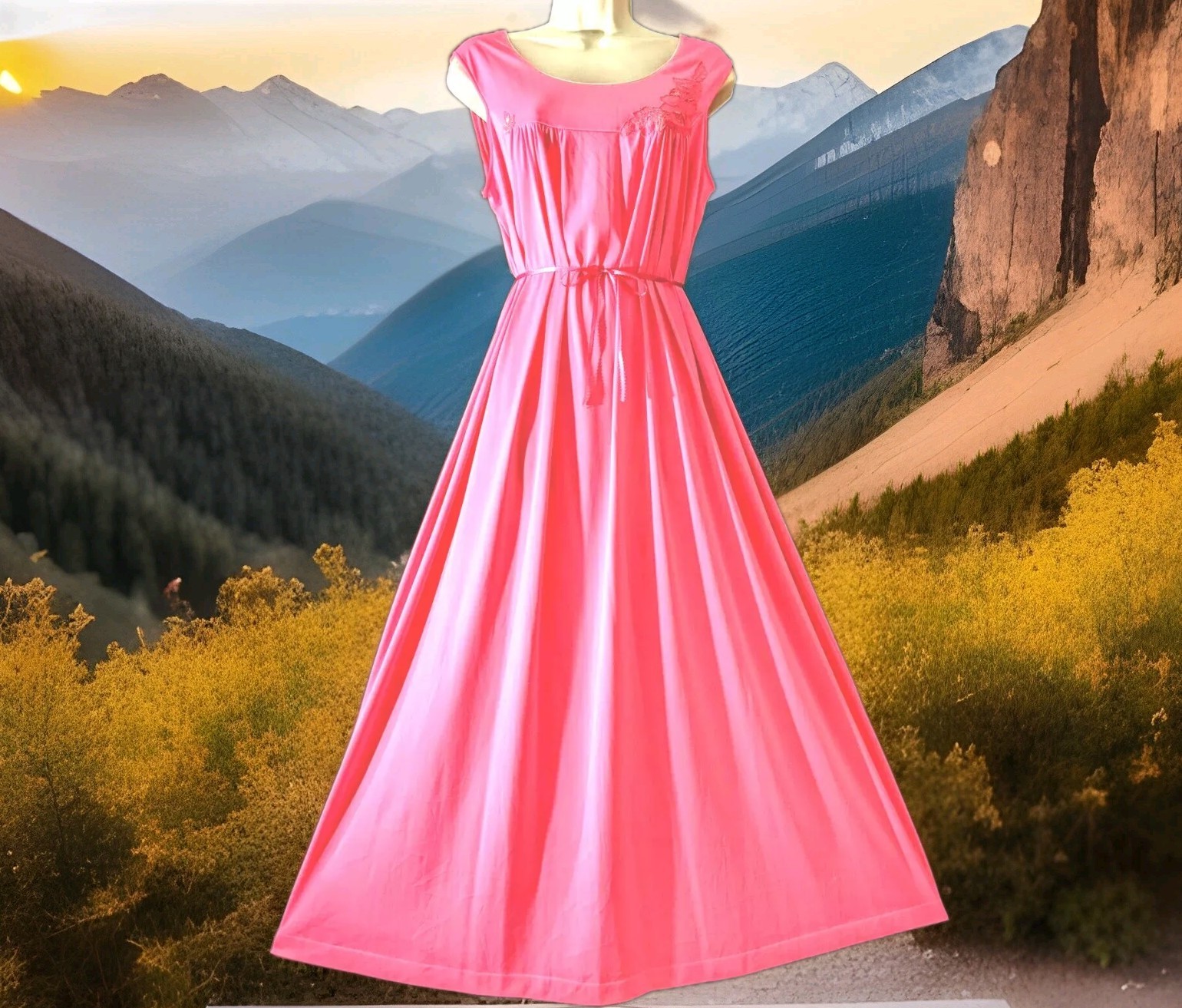 Vintage Pink Nylon Full Sweep Lingerie Dress Nightgown M L