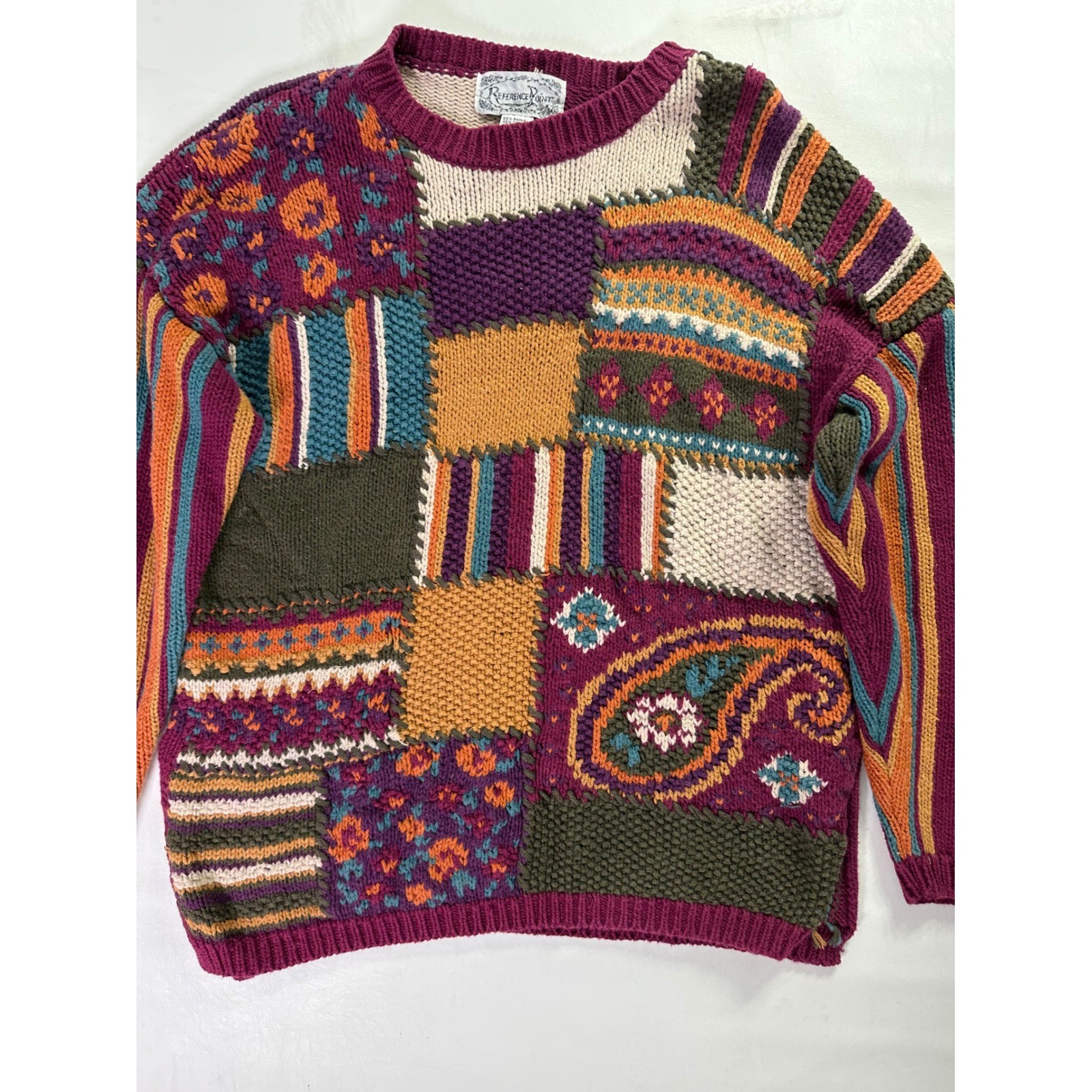 Reference Point Vintage 90s Patchwork Knit Sweater Sz Medium Ramie Cotton Mix