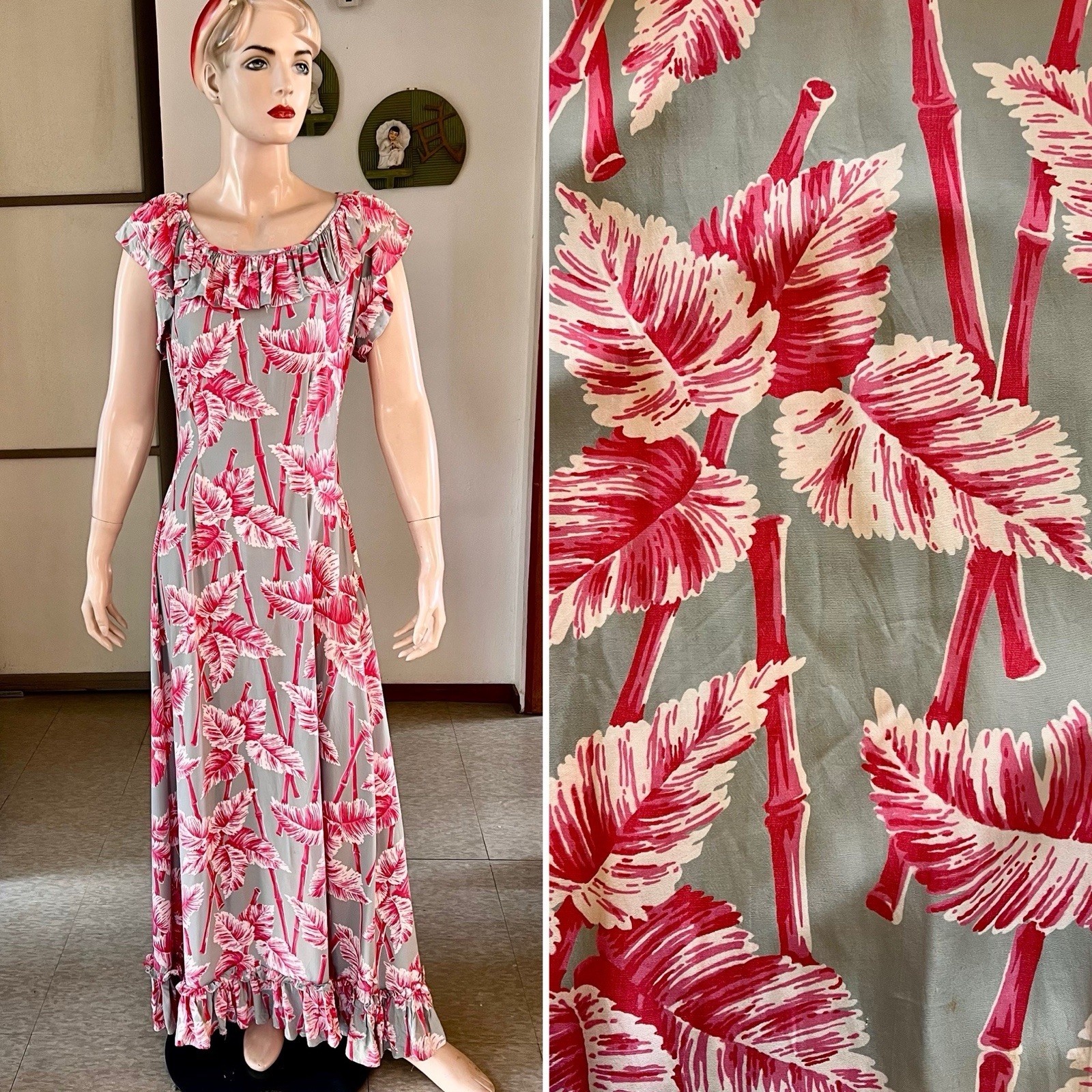 1940 Vintage Royal Hawaiian Cold Rayon Bamboo Print Holomu’u Hawaiian Dress S
